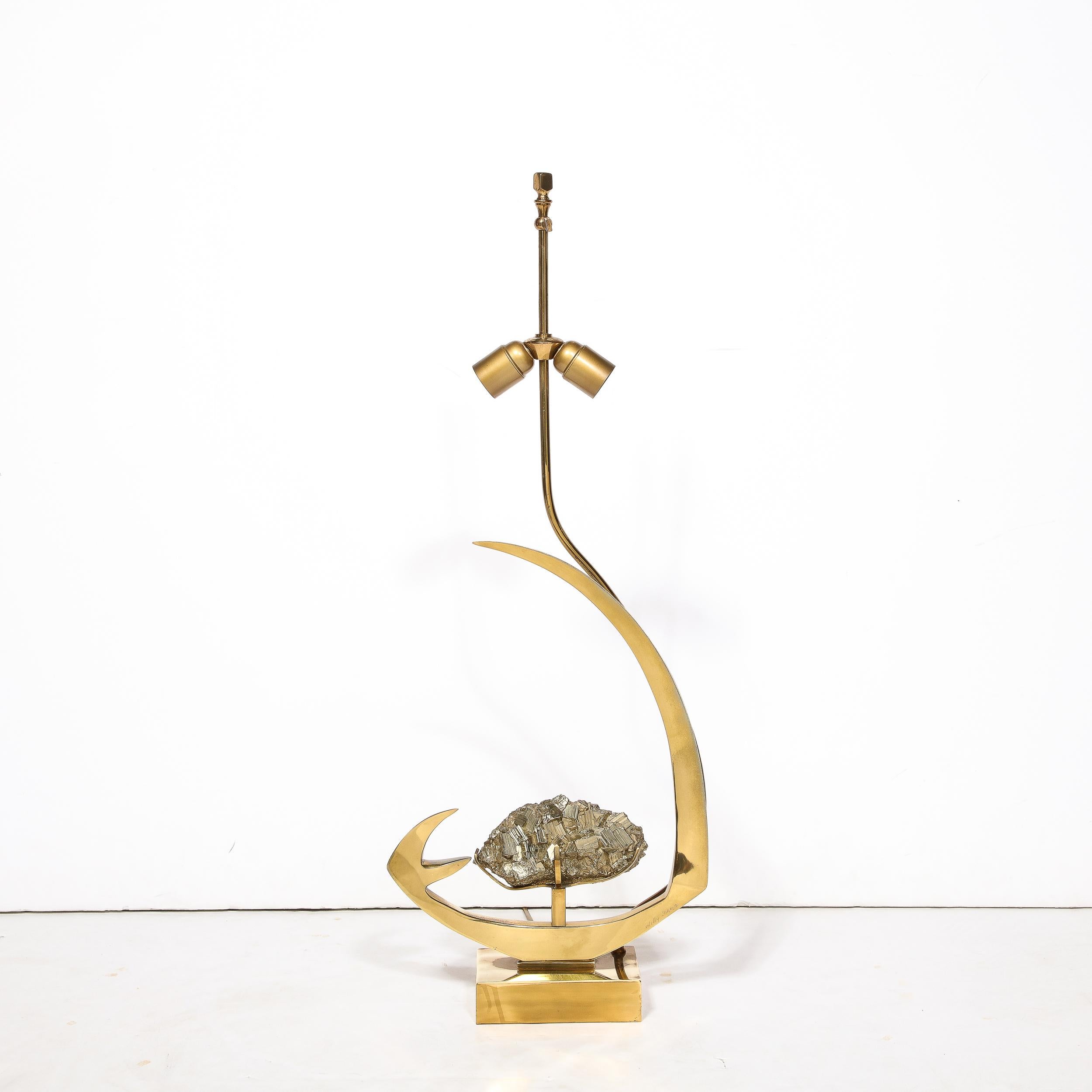 Mid-Century Modern Sculptural Polished Brass & Pyrite Table Lamp by Willy Daro For Sale 2