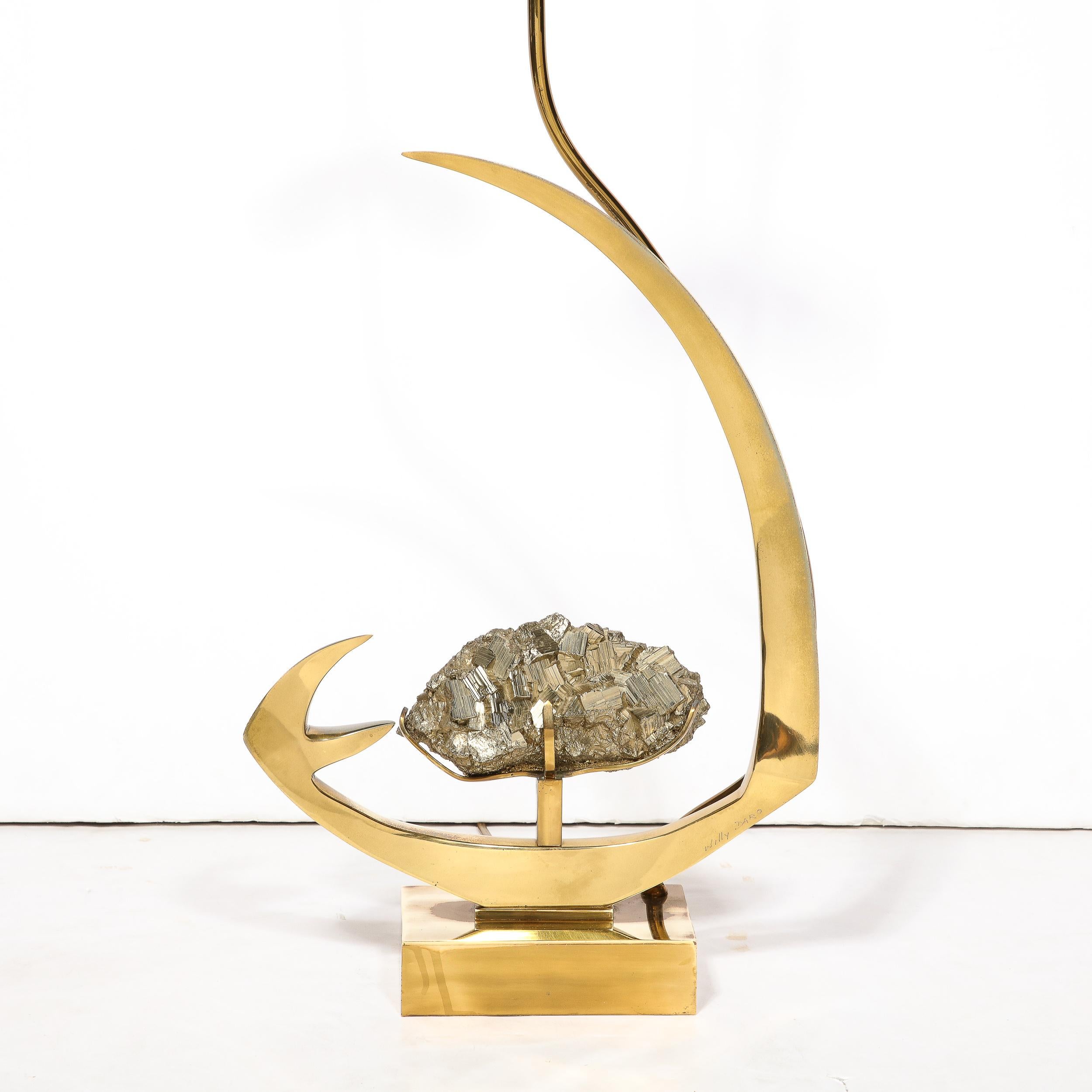 Mid-Century Modern Sculptural Polished Brass & Pyrite Table Lamp by Willy Daro For Sale 3