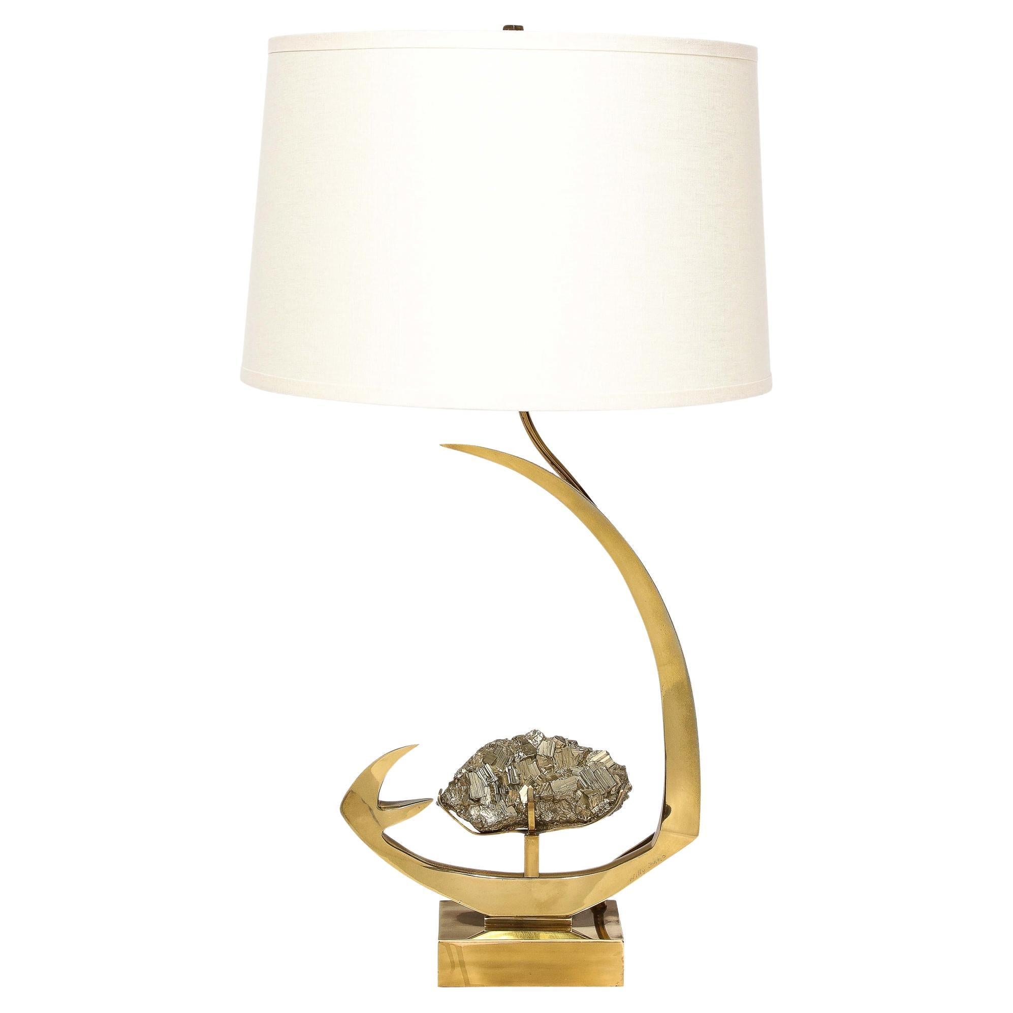 Mid-Century Modern Sculptural Polished Brass & Pyrite Table Lamp by Willy Daro For Sale