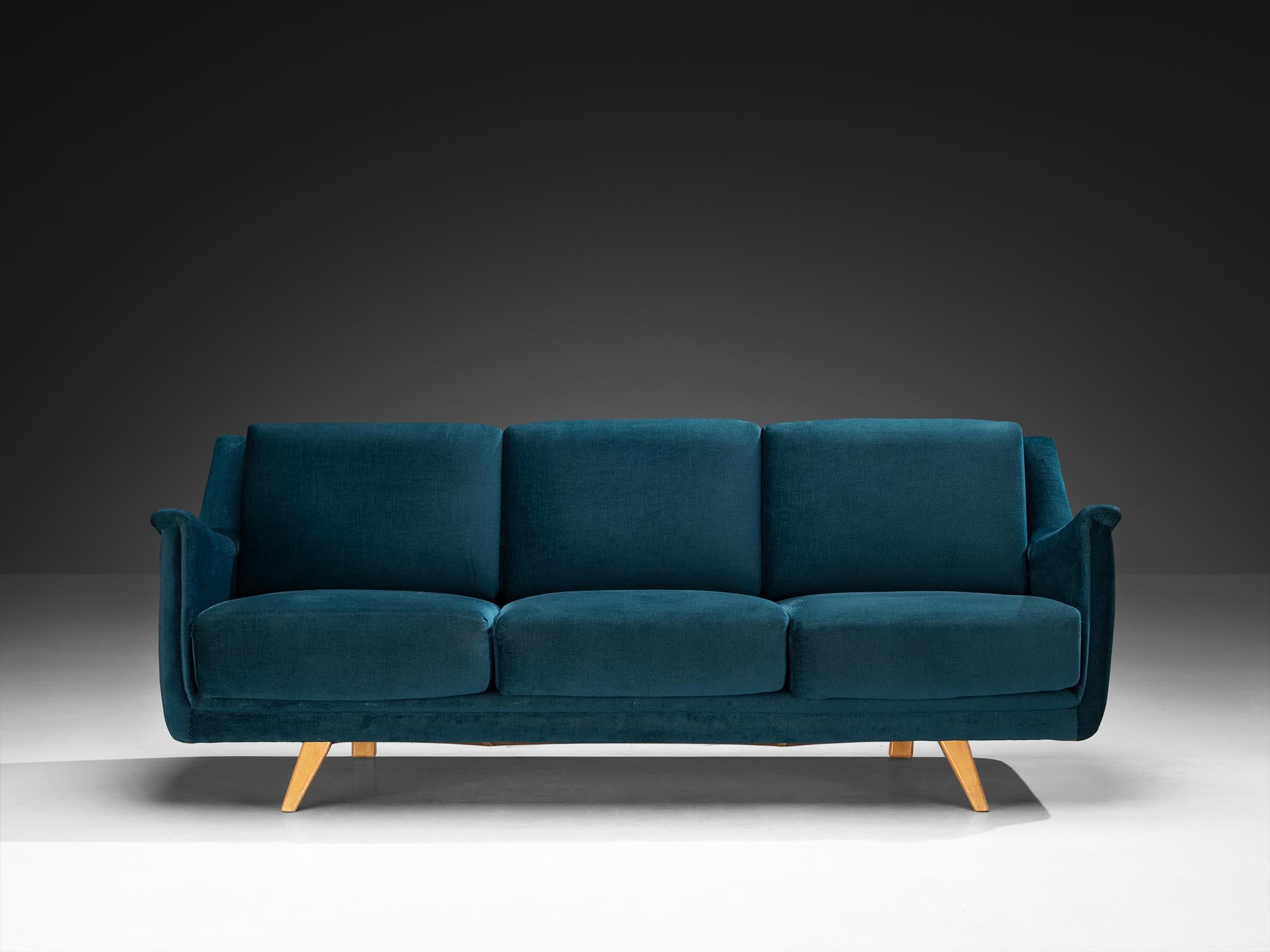 Modernes skulpturales Sofa aus der Mitte des Jahrhunderts aus tealfarbenem Samt im Zustand „Gut“ im Angebot in Waalwijk, NL