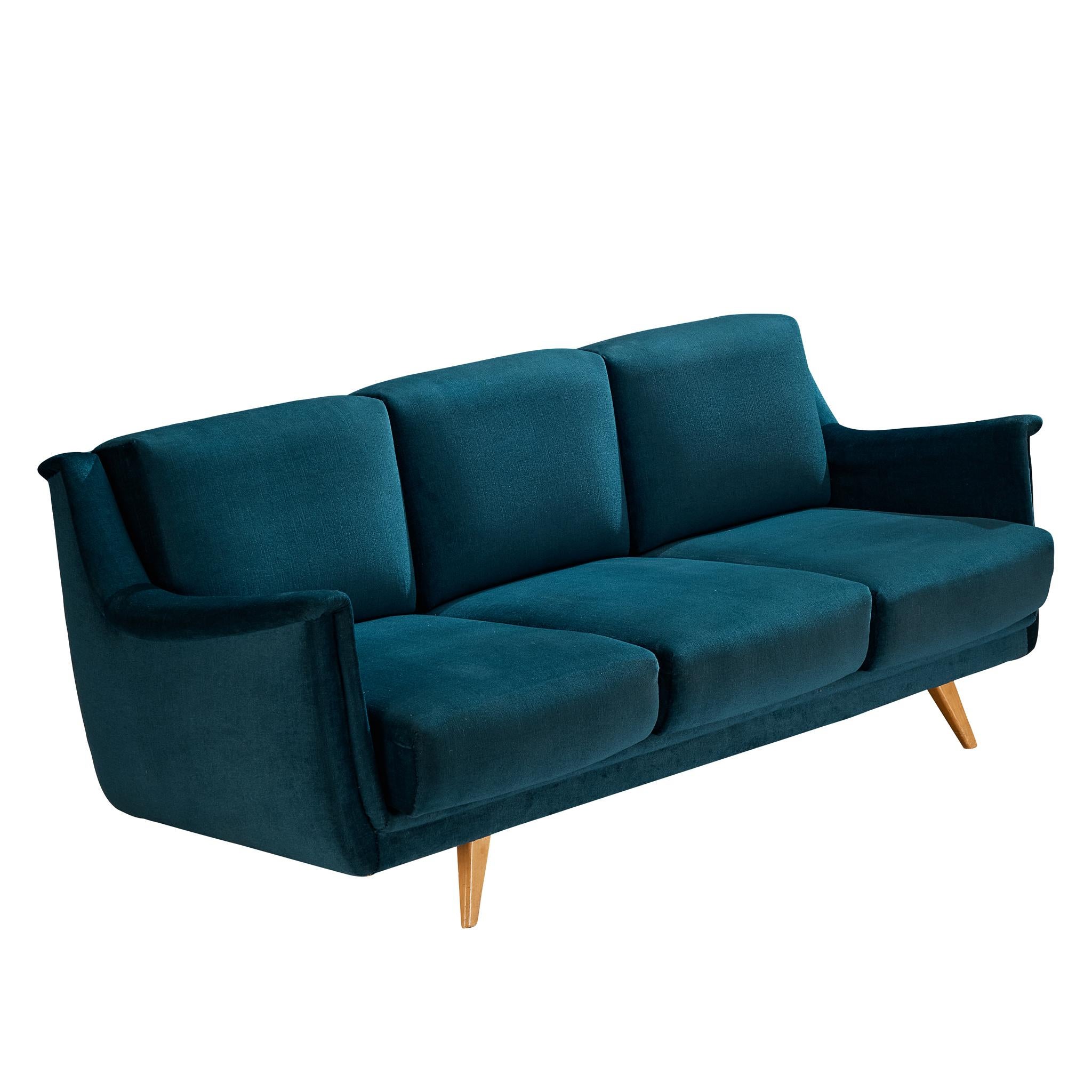 Modernes skulpturales Sofa aus der Mitte des Jahrhunderts aus tealfarbenem Samt im Angebot