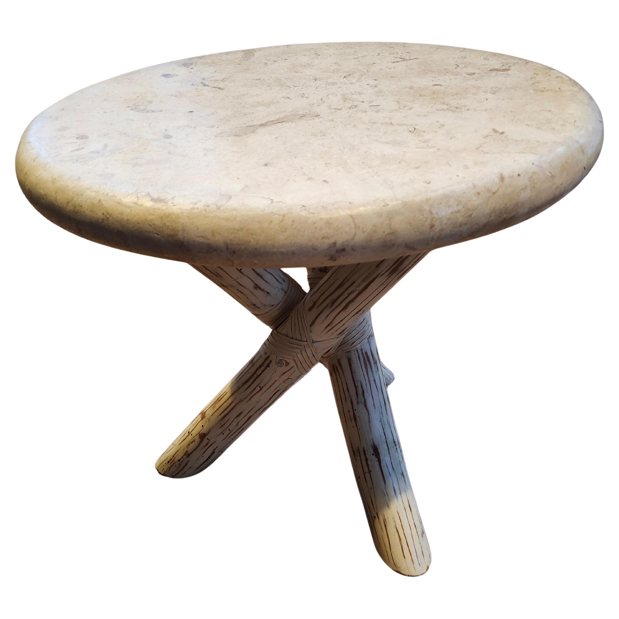 Mid-Century Modern Sculptural Stone Top Table with a Tri Leg Bamboo Base