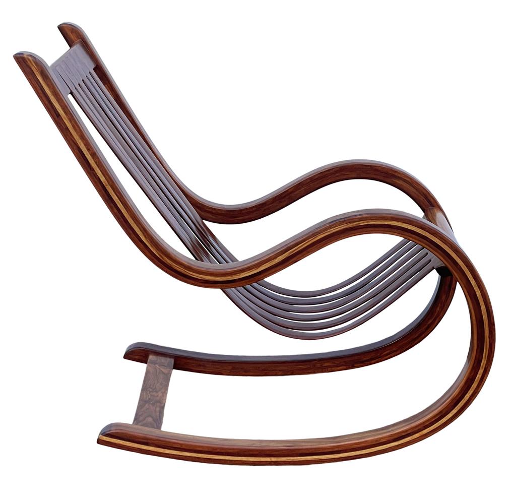 Mid-Century Modern Sculptural Studio Made Lounge Rocking Chair in Exotic Wood In Good Condition For Sale In Philadelphia, PA