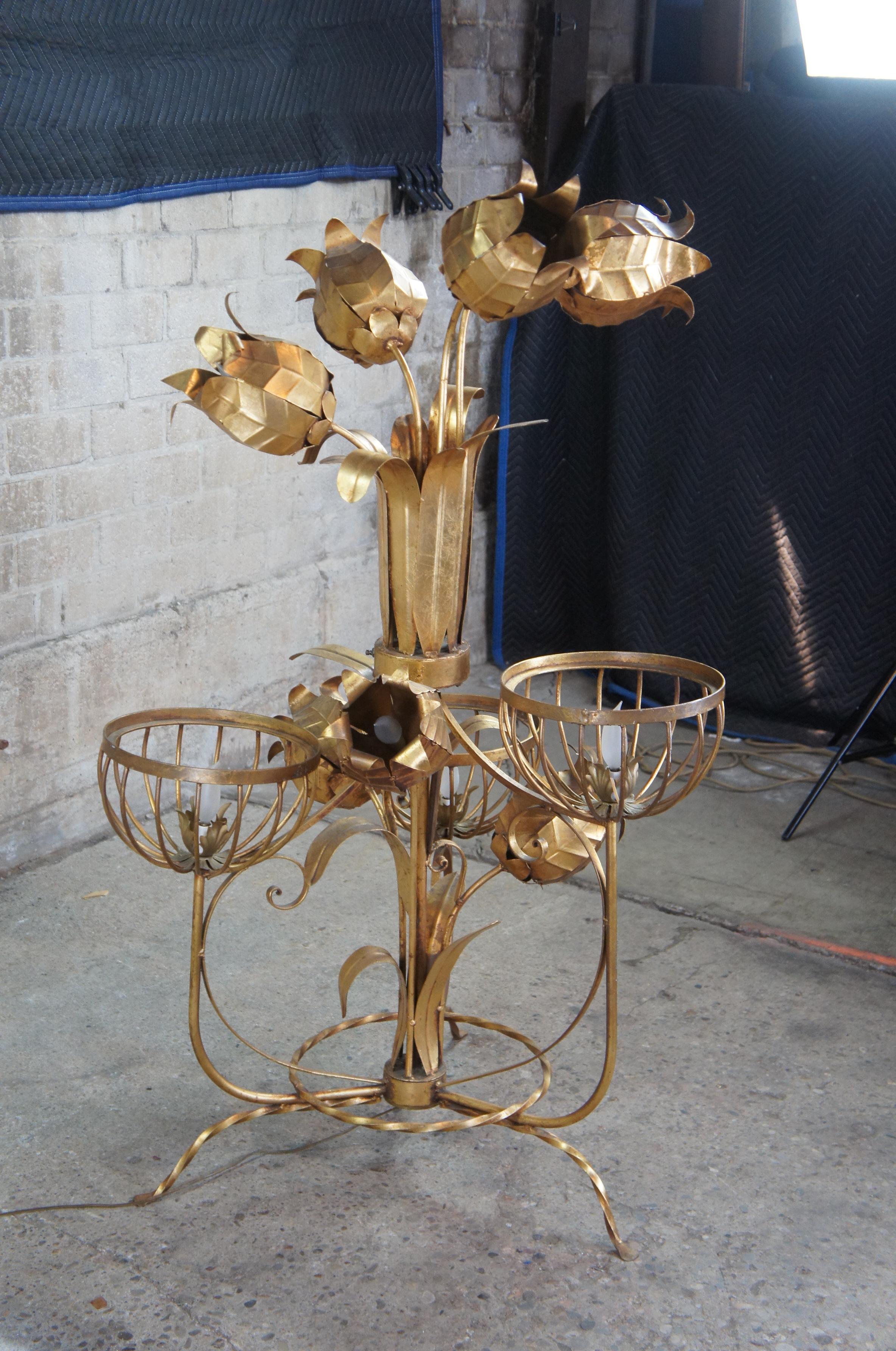 Mid-Century Modern Sculptural Tole & Iron Gold Floor Lamp Floral Jansen Style For Sale 5