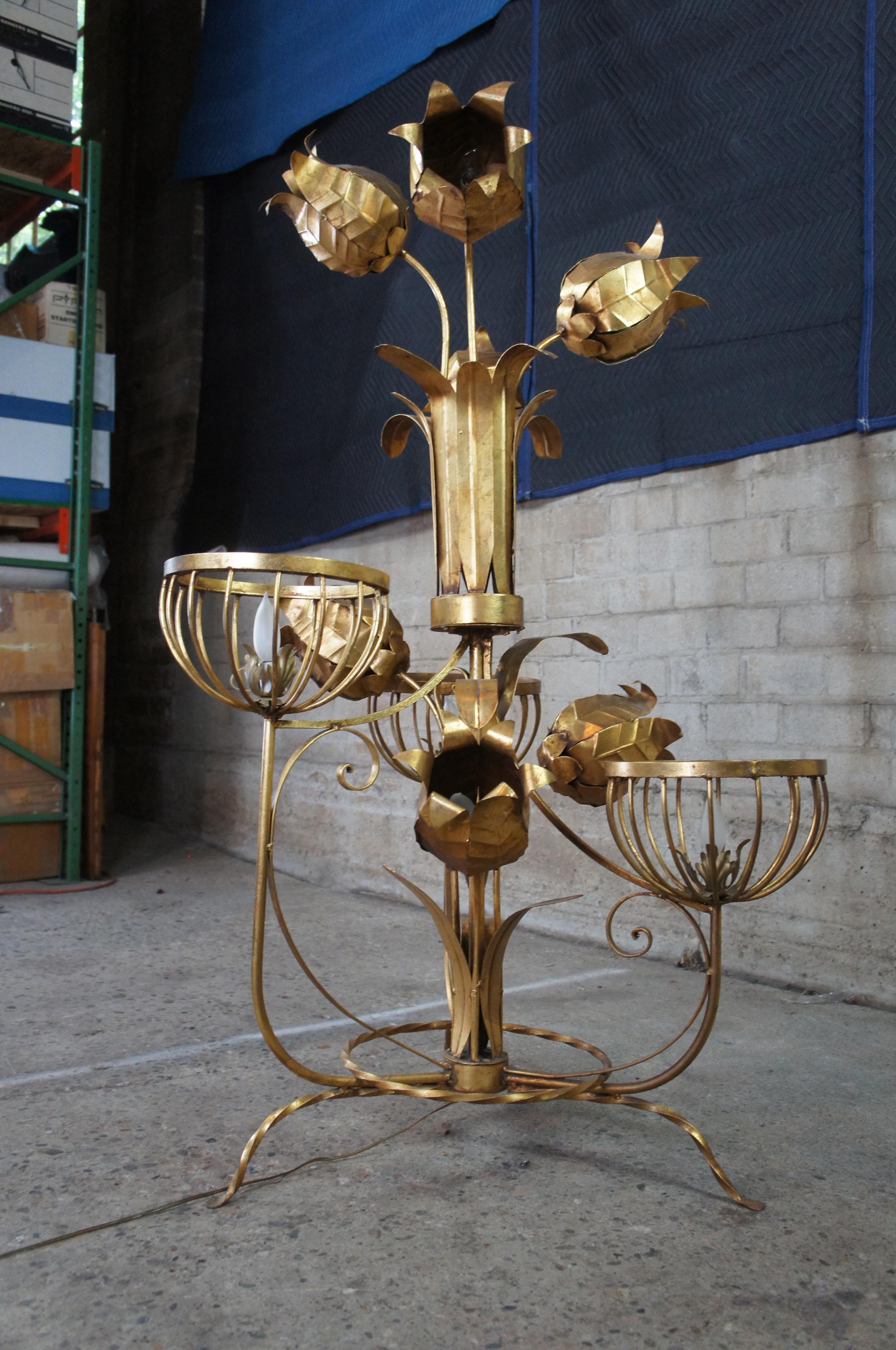 Mid-Century Modern Sculptural Tole & Iron Gold Floor Lamp Floral Jansen Style For Sale 6