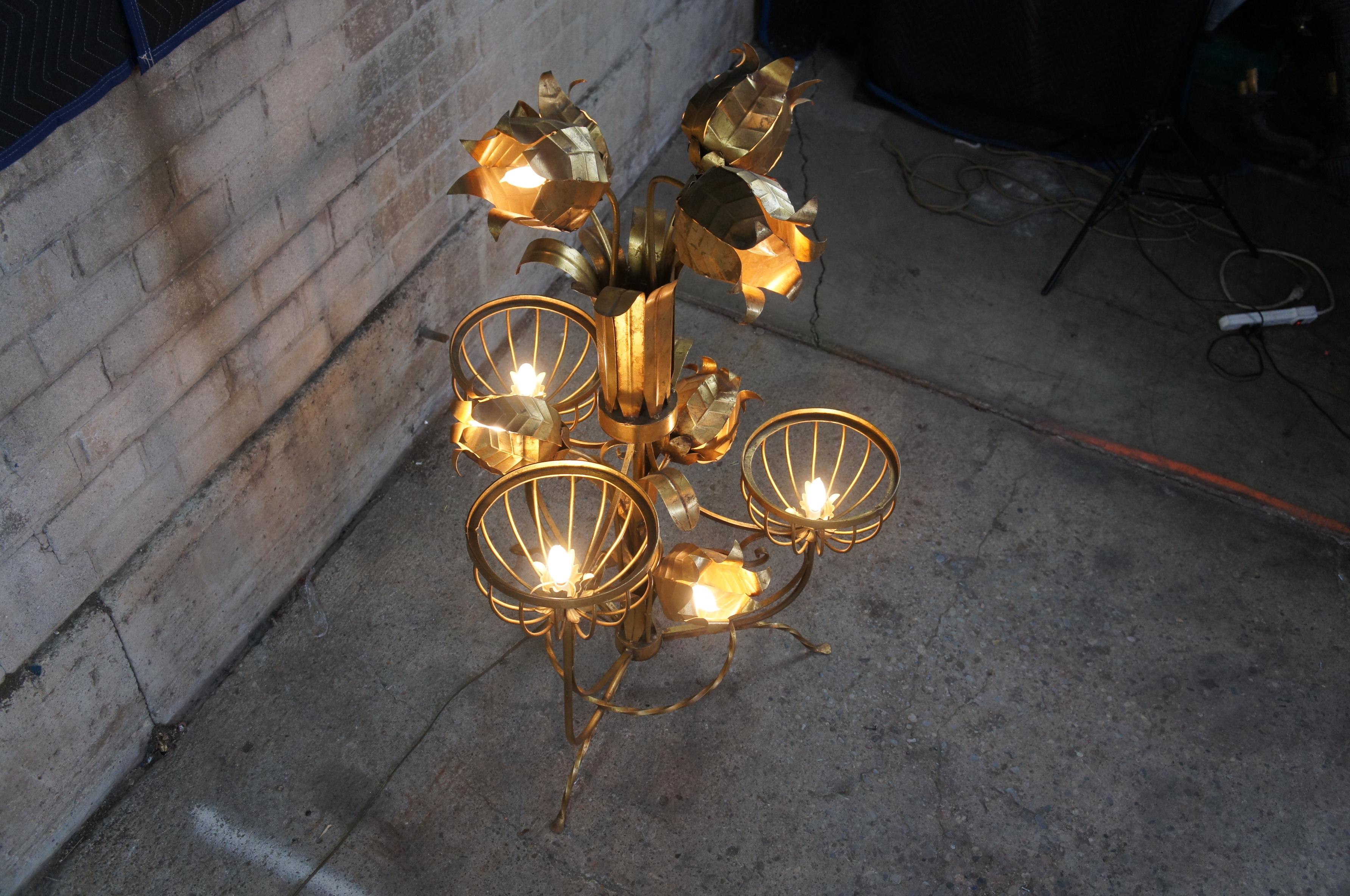 Regency Mid-Century Modern Sculptural Tole & Iron Gold Floor Lamp Floral Jansen Style For Sale