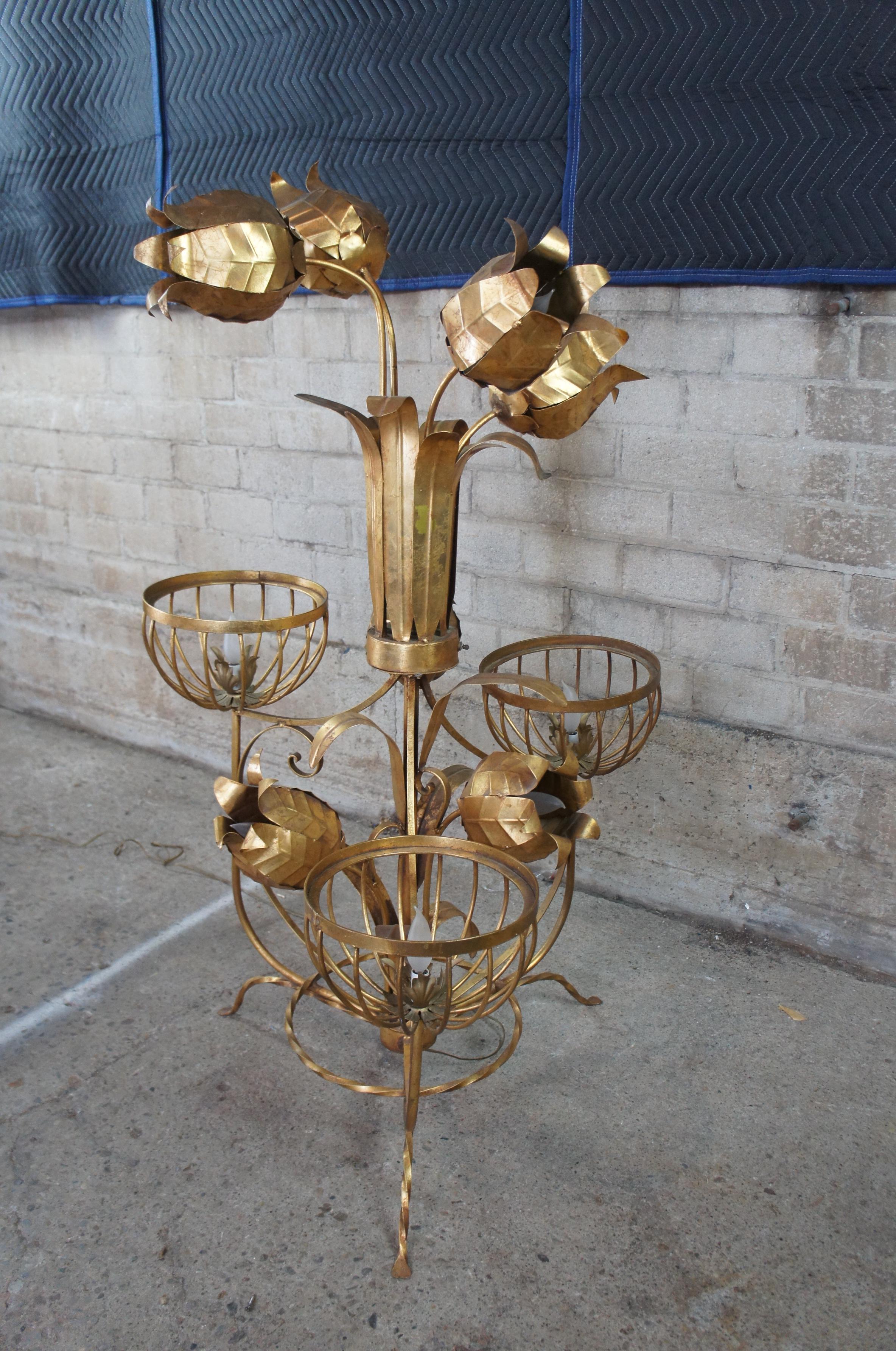 Mid-Century Modern Sculptural Tole & Iron Gold Floor Lamp Floral Jansen Style For Sale 1