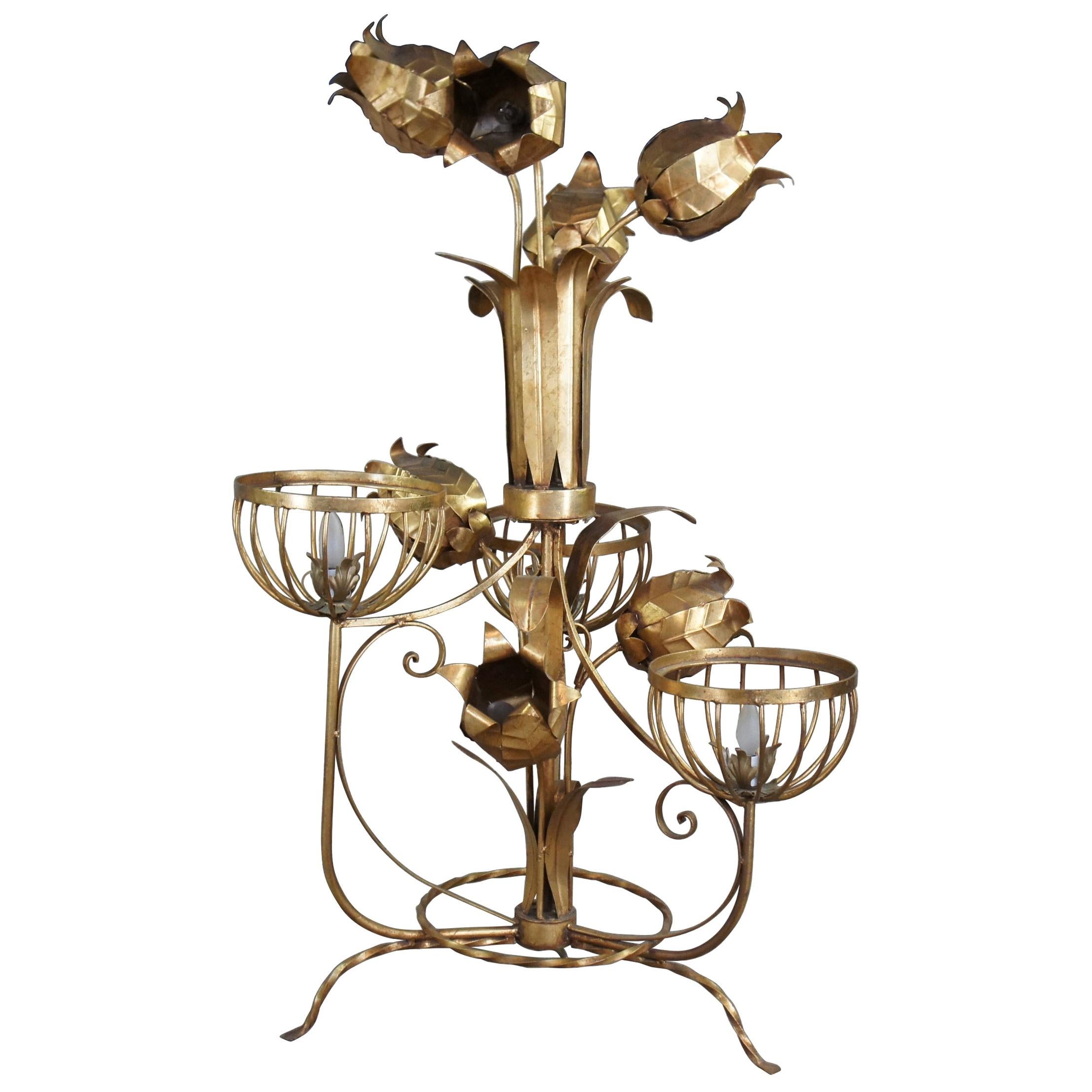 Mid-Century Modern Sculptural Tole & Iron Gold Floor Lamp Floral Jansen Style For Sale