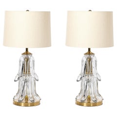 Mid-Century Modern Sculptural Translucent Glass Table Lamps with Brass Fittings