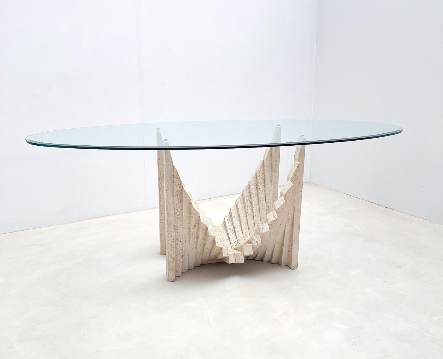 Glass Mid-Century Modern Sculptural Travertine Dining Table, Italy, 1970s For Sale