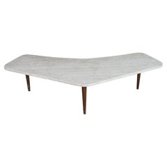 Mid Century Modern Sculptural Travertine Stone Walnut Boomerang Coffee Table MCM