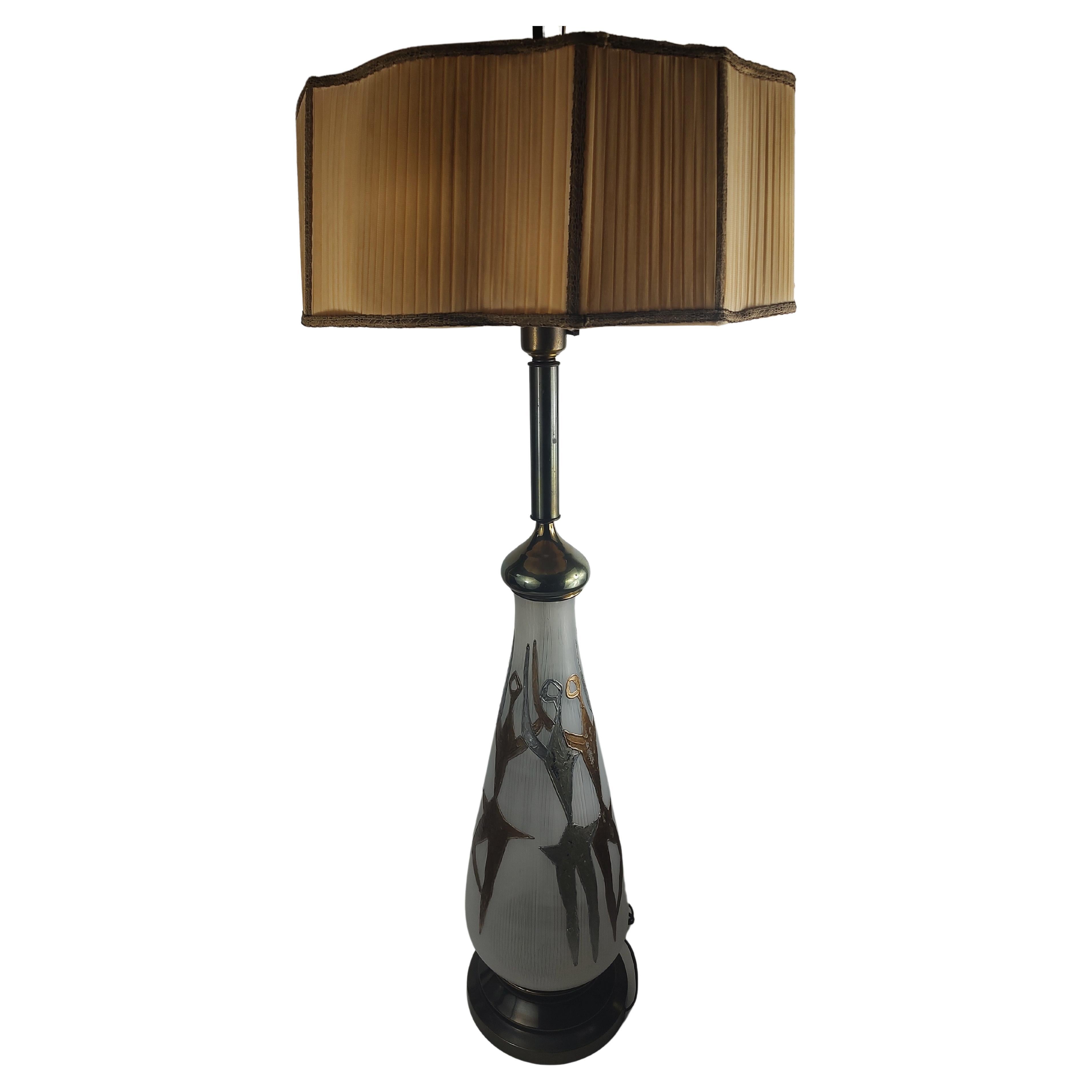 Polished Mid Century Modern Sculptural w/ Dancing Figures Glass & Brass Tall Table Lamp For Sale