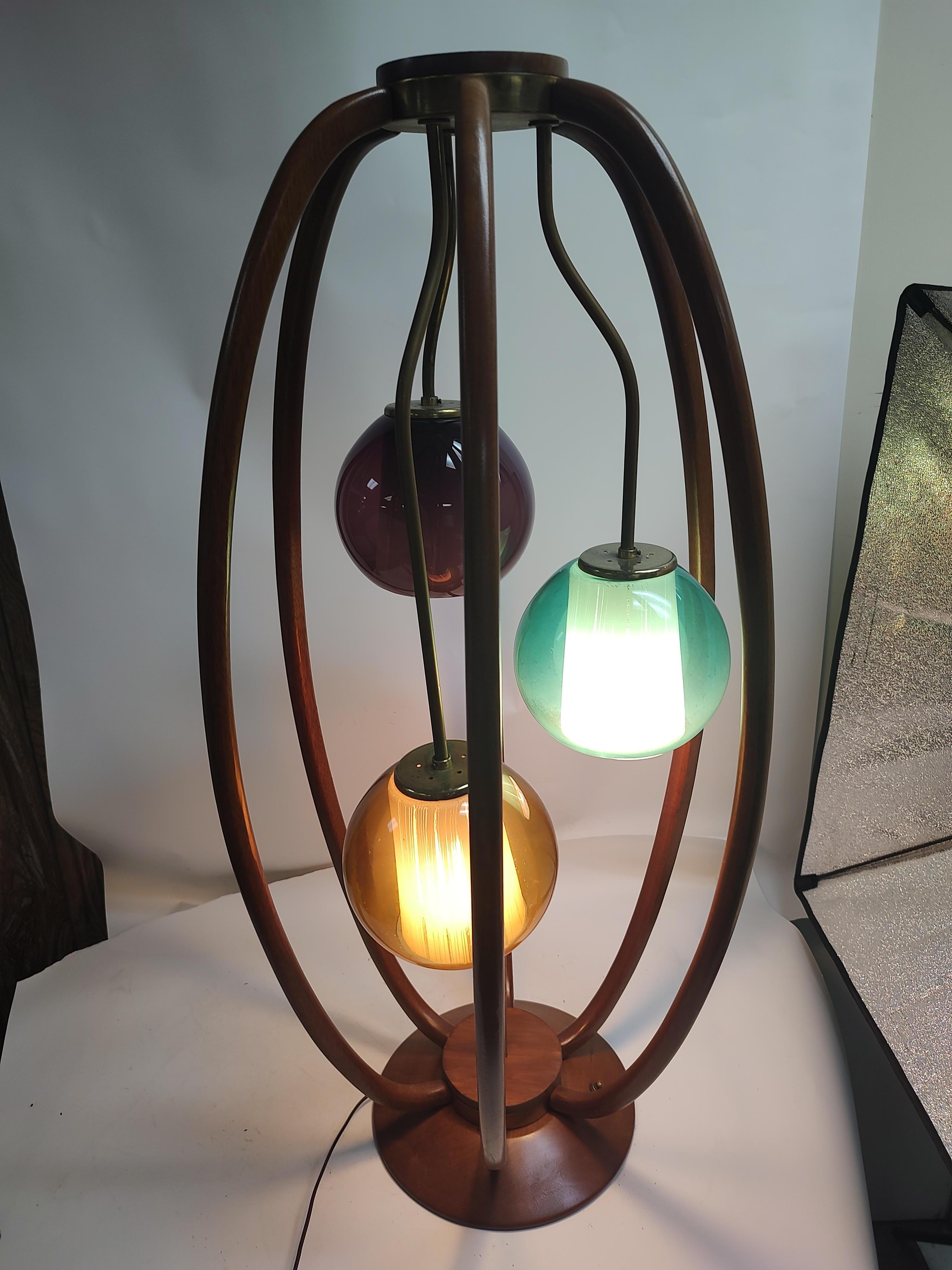 Mid Century Modern Sculptural Walnut 3 Light Multi Colored Danish Table Lamp  3