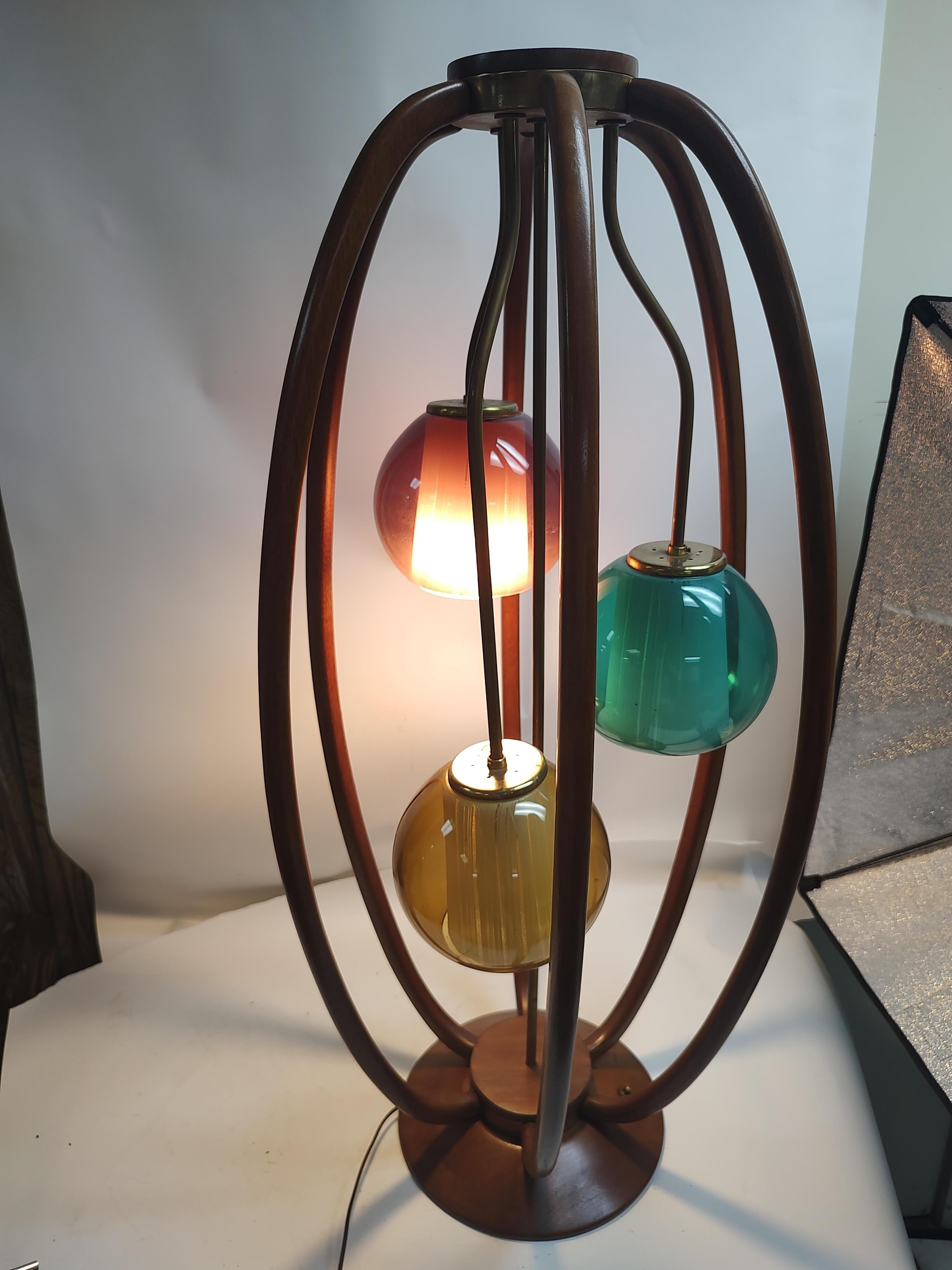 Mid Century Modern Sculptural Walnut 3 Light Multi Colored Danish Table Lamp  4