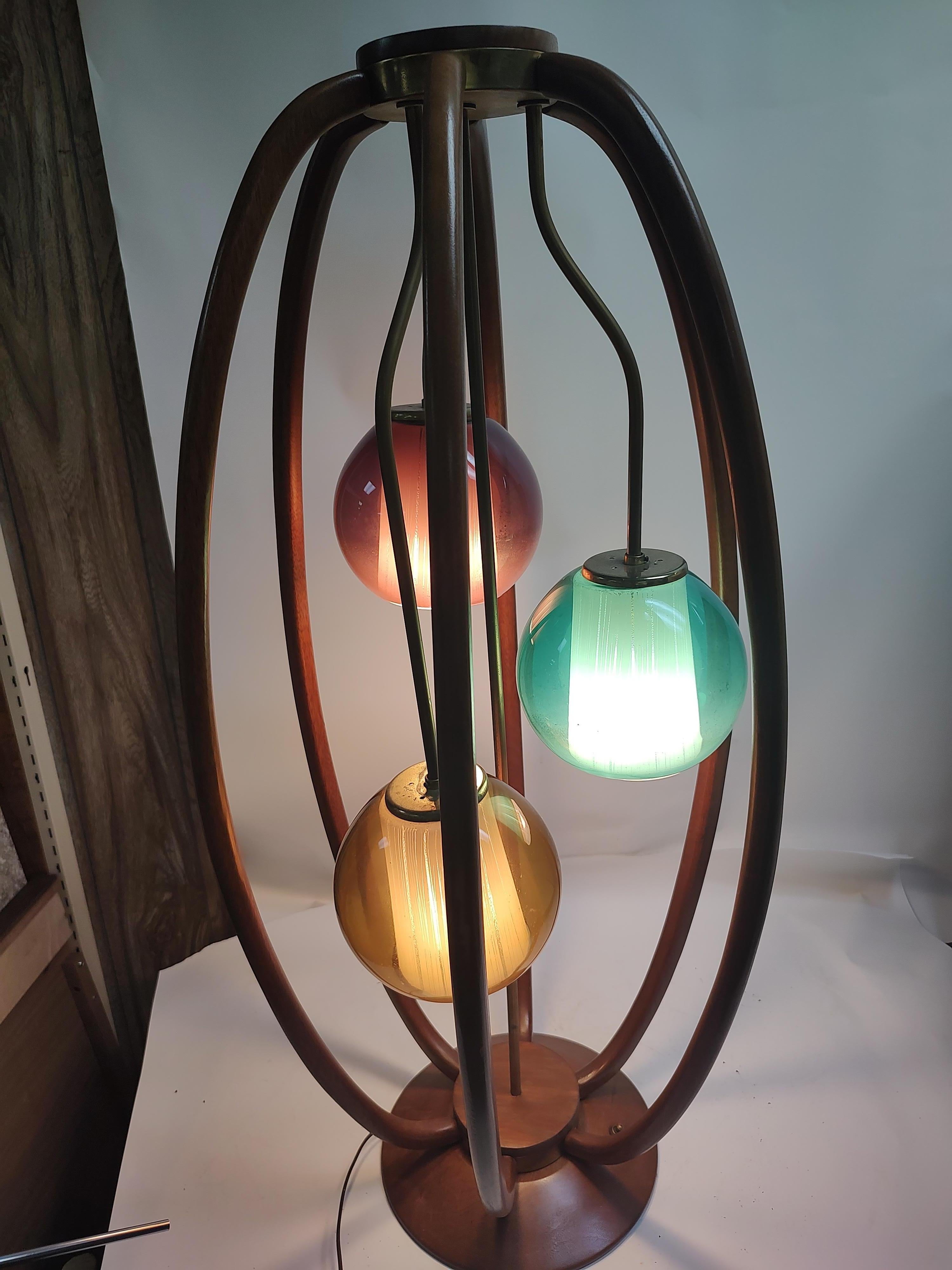 Mid Century Modern Sculptural Walnut 3 Light Multi Colored Danish Table Lamp  6
