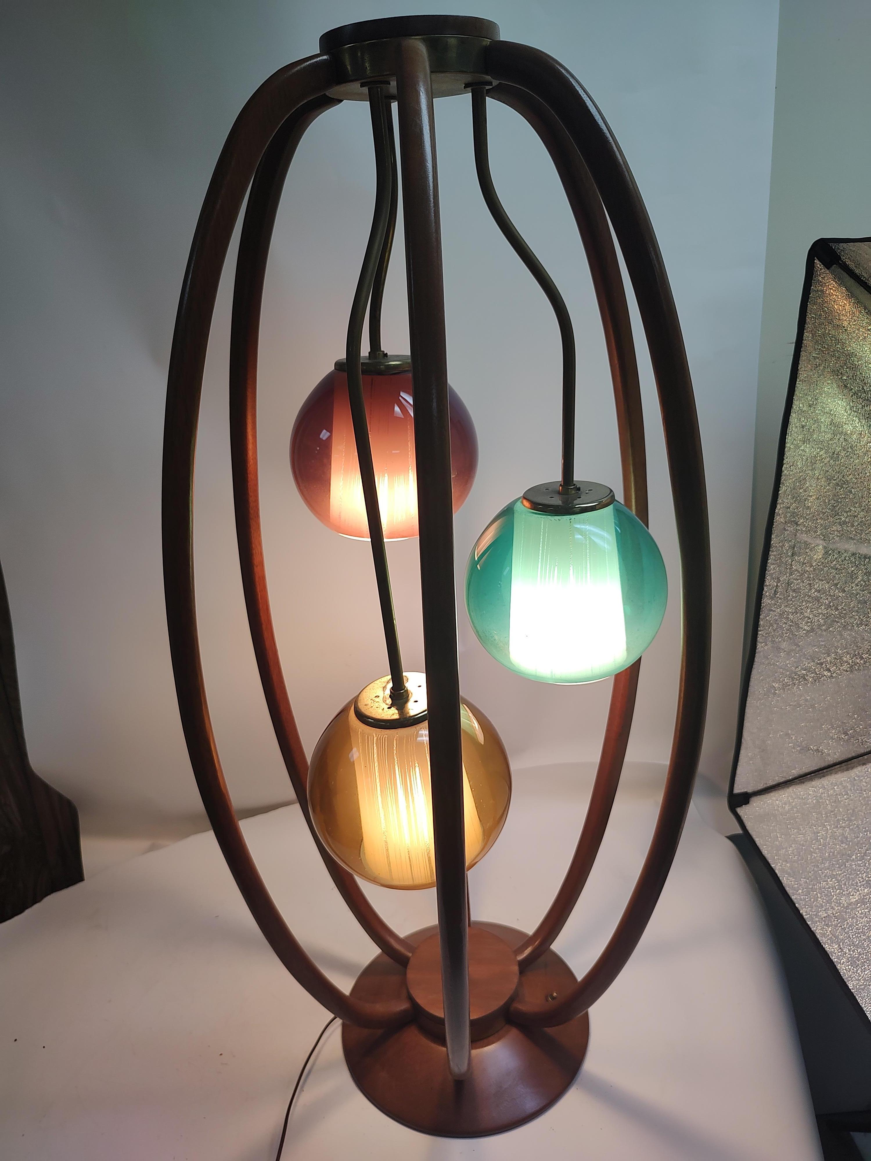 Mid Century Modern Sculptural Walnut 3 Light Multi Colored Danish Table Lamp  2
