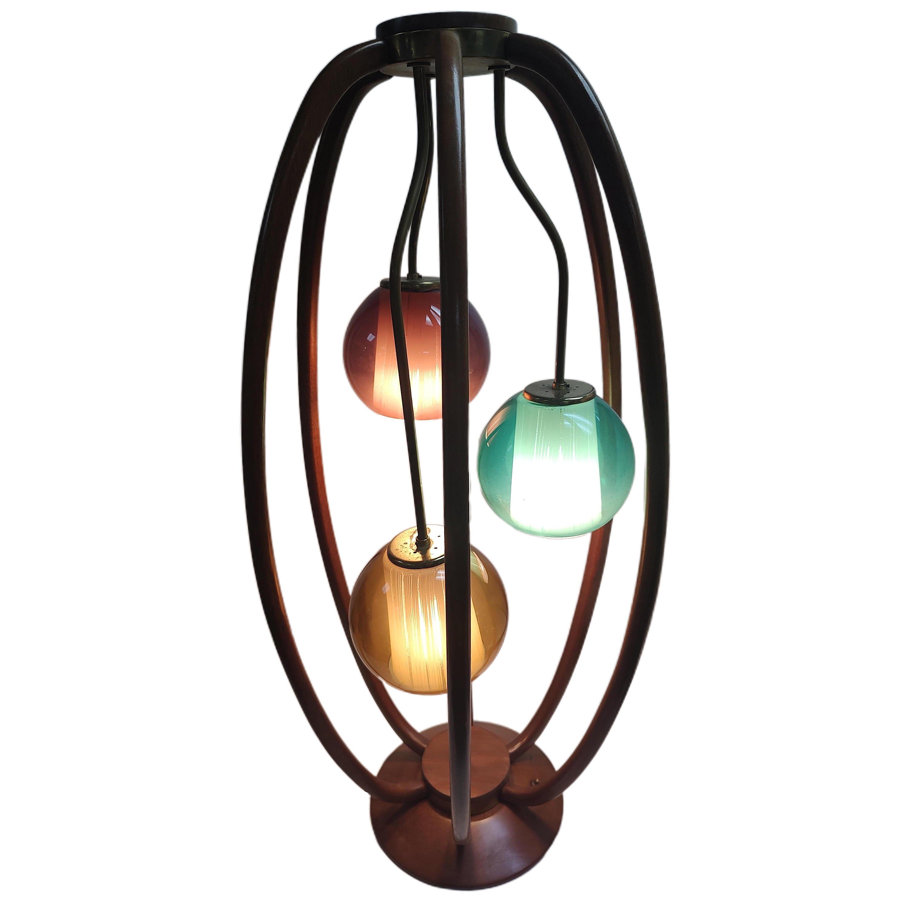 Mid Century Modern Sculptural Walnut 3 Light Multi Colored Danish Table Lamp