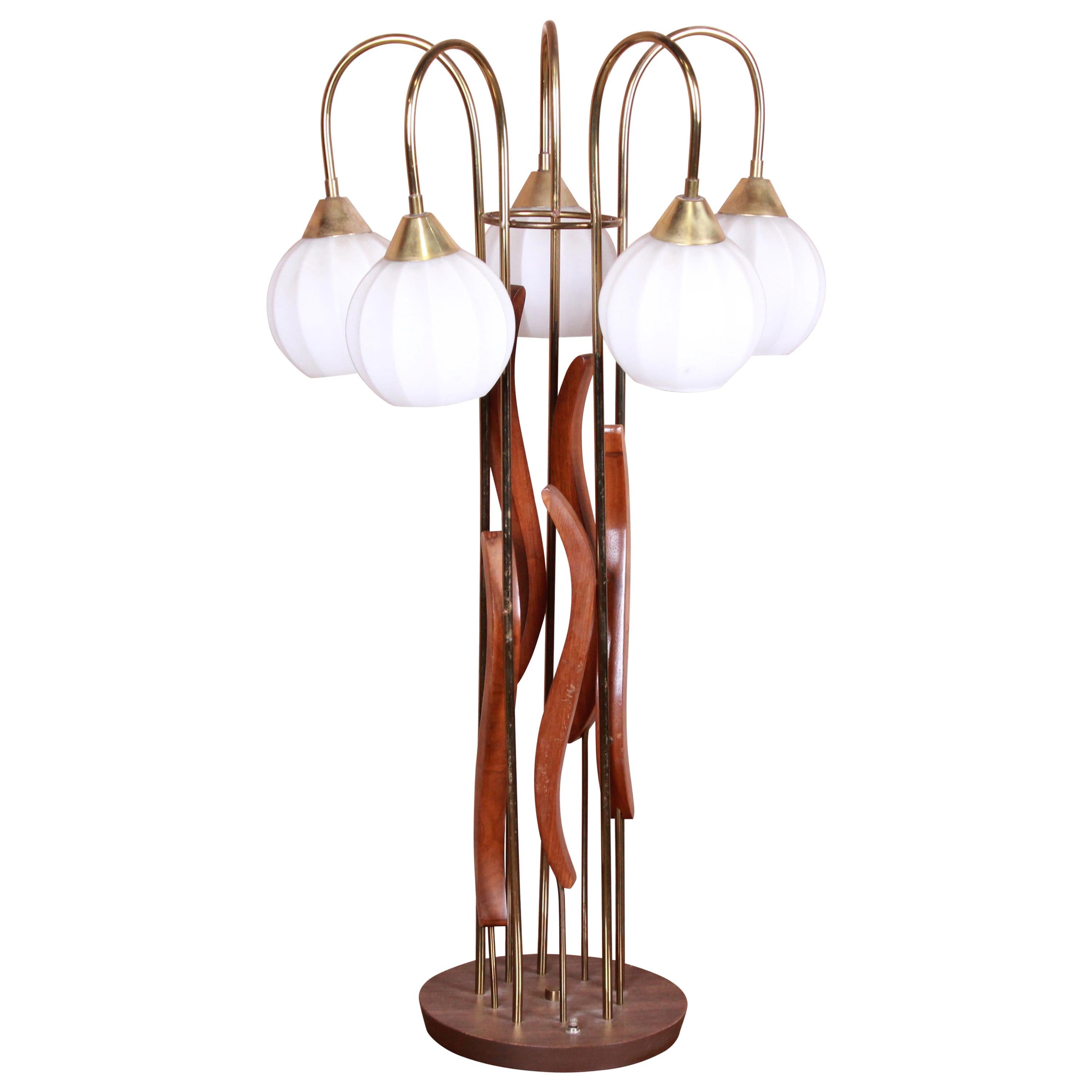 Mid-Century Modern Sculptural Walnut and Brass Five-Globe Table Lamp