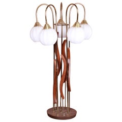 Mid-Century Modern Sculptural Walnut and Brass Five-Globe Table Lamp