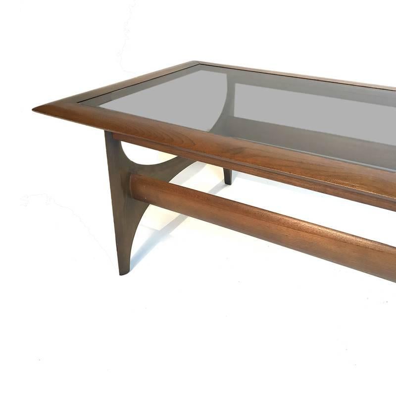 American Mid-Century Modern Sculptural Walnut and Glass Rectangular Coffee Table by Lane
