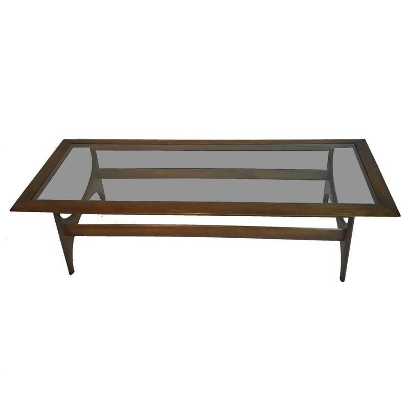 Mid-Century Modern Sculptural Walnut and Glass Rectangular Coffee Table by Lane In Good Condition In Hudson, NY