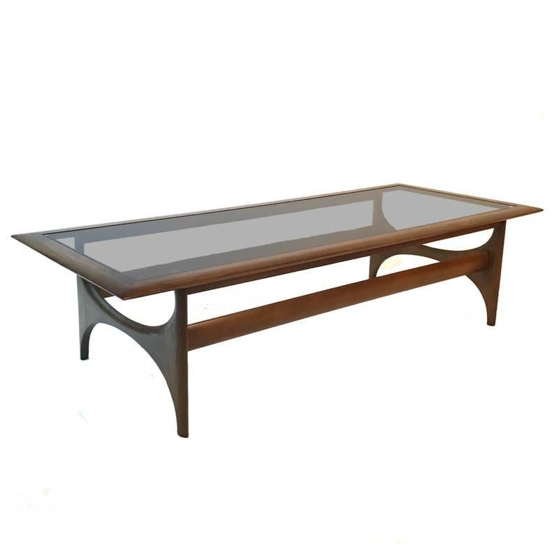 Mid-Century Modern Sculptural Walnut and Glass Rectangular Coffee Table by Lane