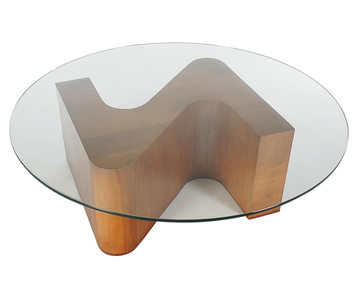 Mid-Century Modern Sculptural Walnut and Glass Round Coffee Table  In Good Condition In Philadelphia, PA