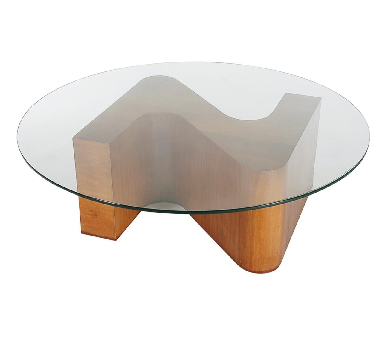Mid-Century Modern Sculptural Walnut and Glass Round Coffee Table  1