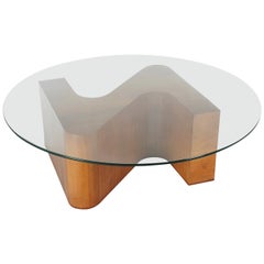 Mid-Century Modern Sculptural Walnut and Glass Round Coffee Table 