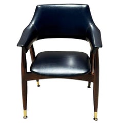 Mid-Century Modern Sculptural Walnut Barrel Back Armchair w/ Brass Accents