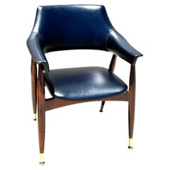 Mid-Century Modern Sculptural Walnut Barrel Back Armchair w/ Brass Accents