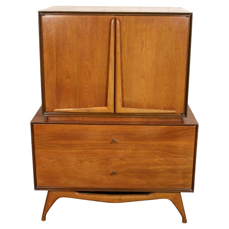 mid century modern highboy dresser Mid-Century Burl Wood Dolphin & Flamingo Highboy Dresser, 5 Drawers, Handcrafted