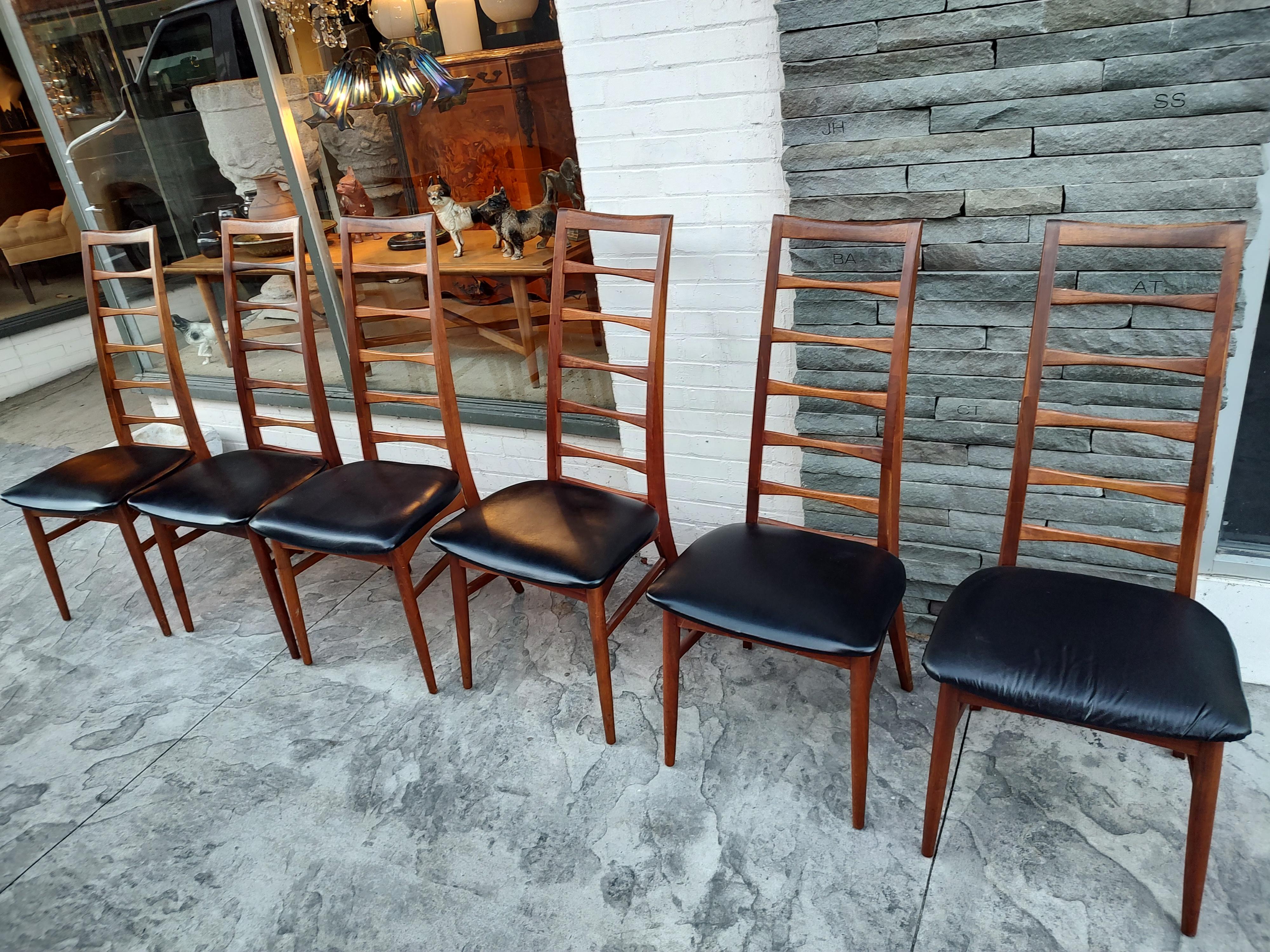 Naugahyde Mid-Century Modern Sculptural Walnut Ladder Back Chairs by Koefoeds Hornslet