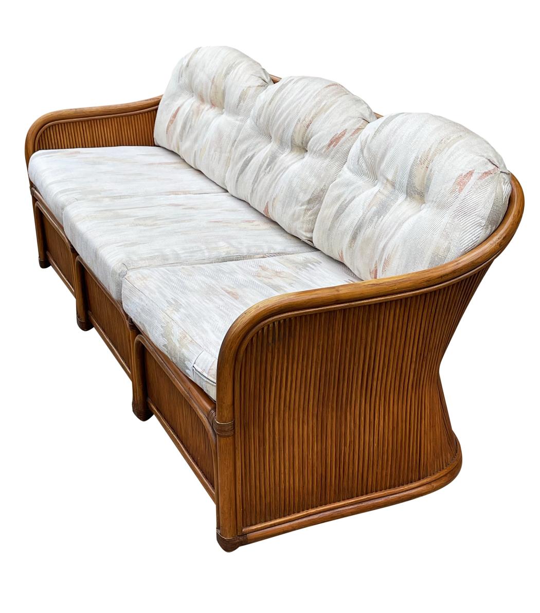 North American Mid-Century Modern Sculptural Walnut Stained Bamboo Reed Sofa