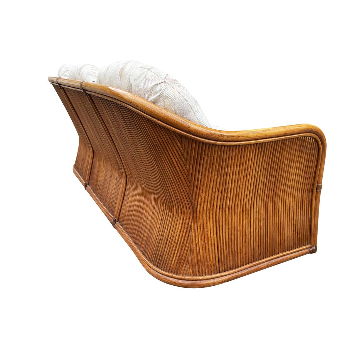 Mid-Century Modern Sculptural Walnut Stained Bamboo Reed Sofa In Good Condition In Philadelphia, PA