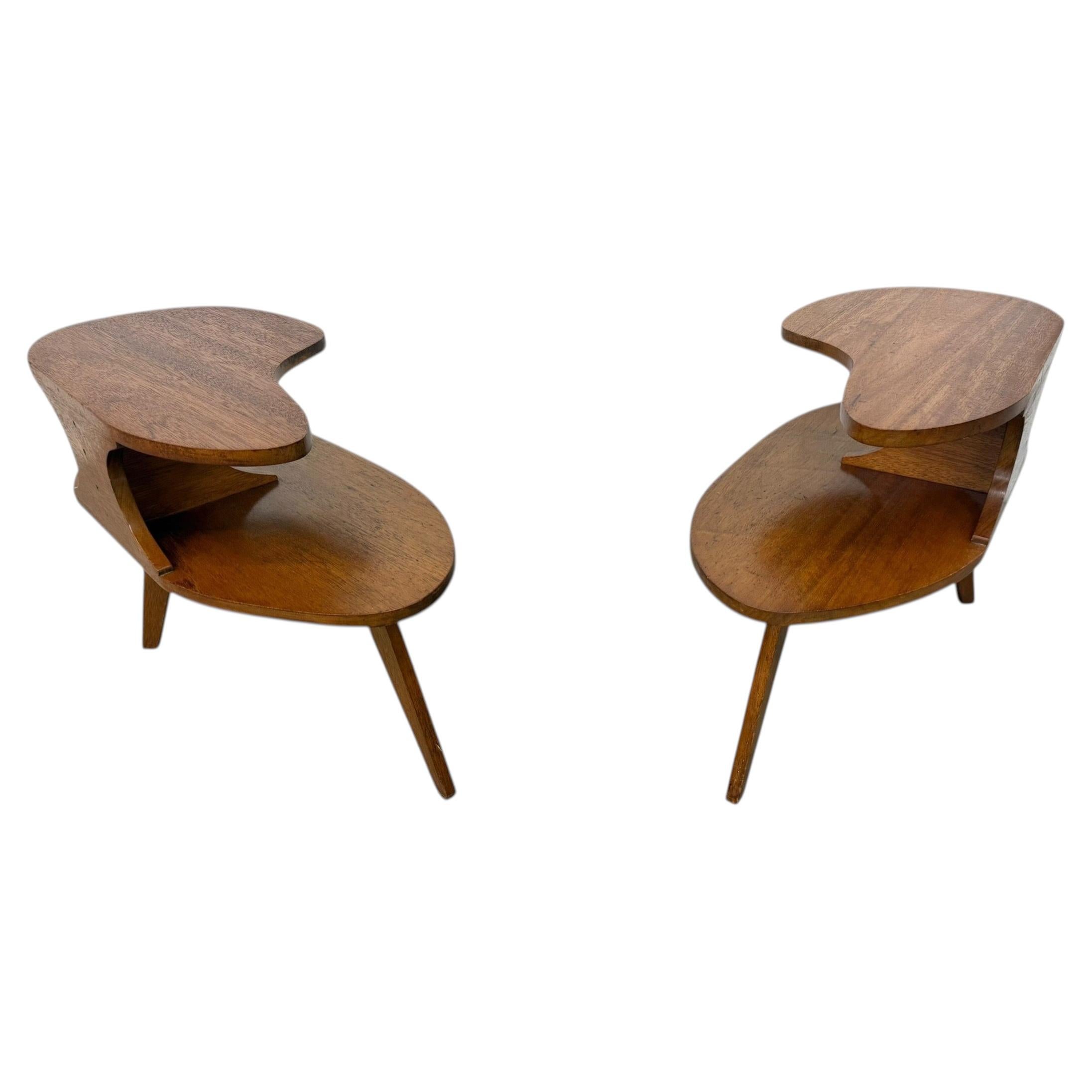 Mid-Century Modern Sculptural Walnut Step Tables - Set of 2
