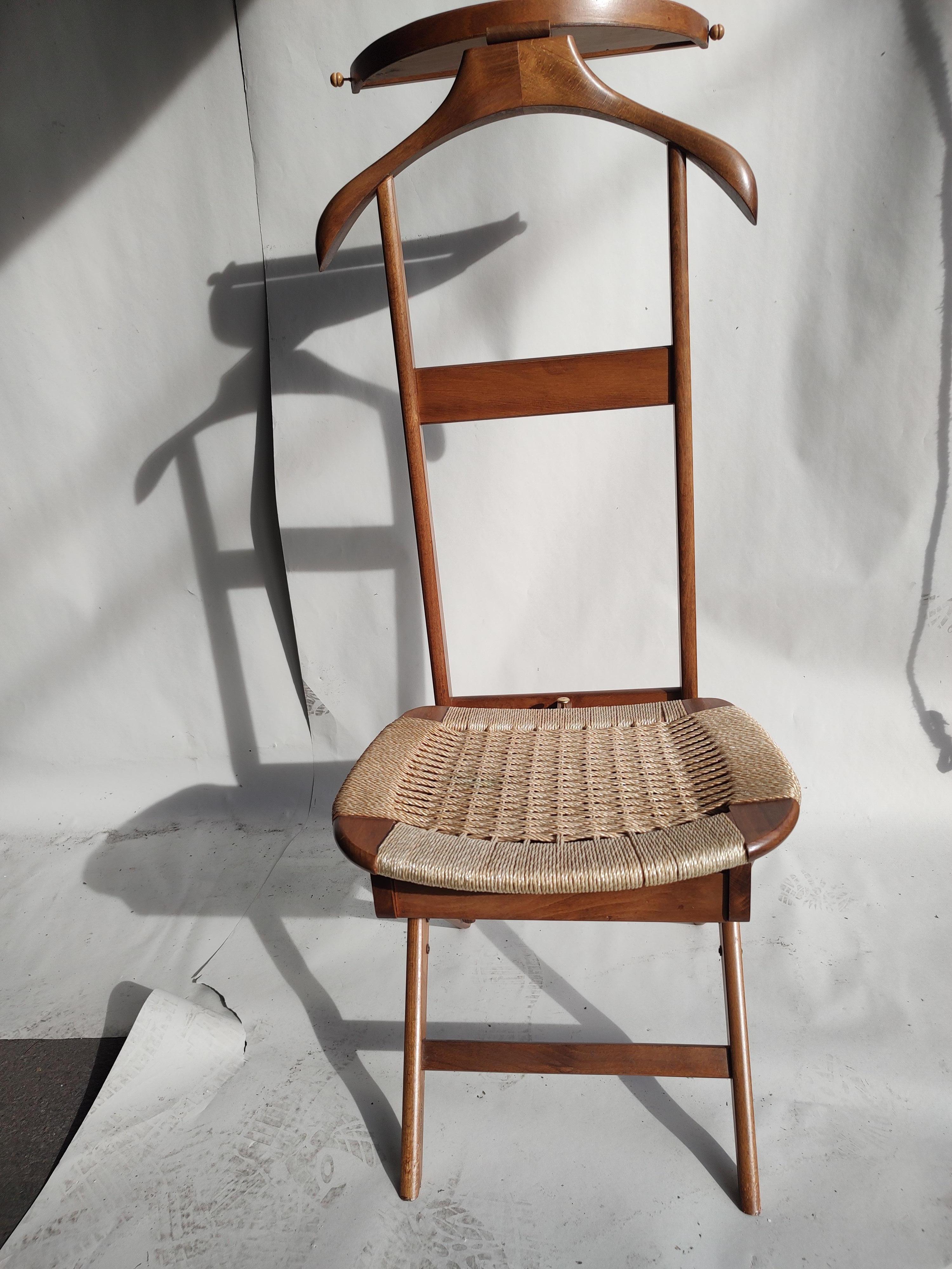Mid-20th Century Mid-Century Modern Sculptural Walnut Rope Seat Clothing Valet Yugoslavia For Sale