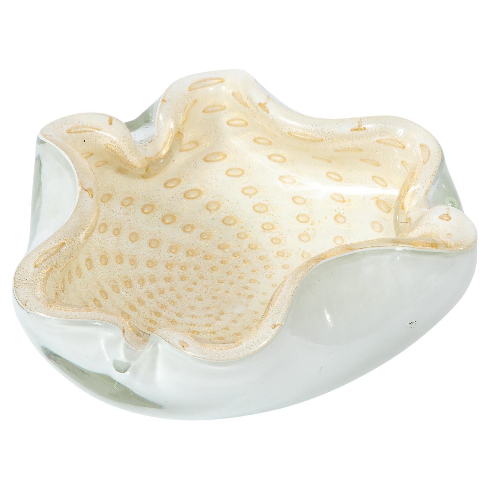 Mid-Century Modern Sculptural White & Cream Handblown Murano Glass Bowl