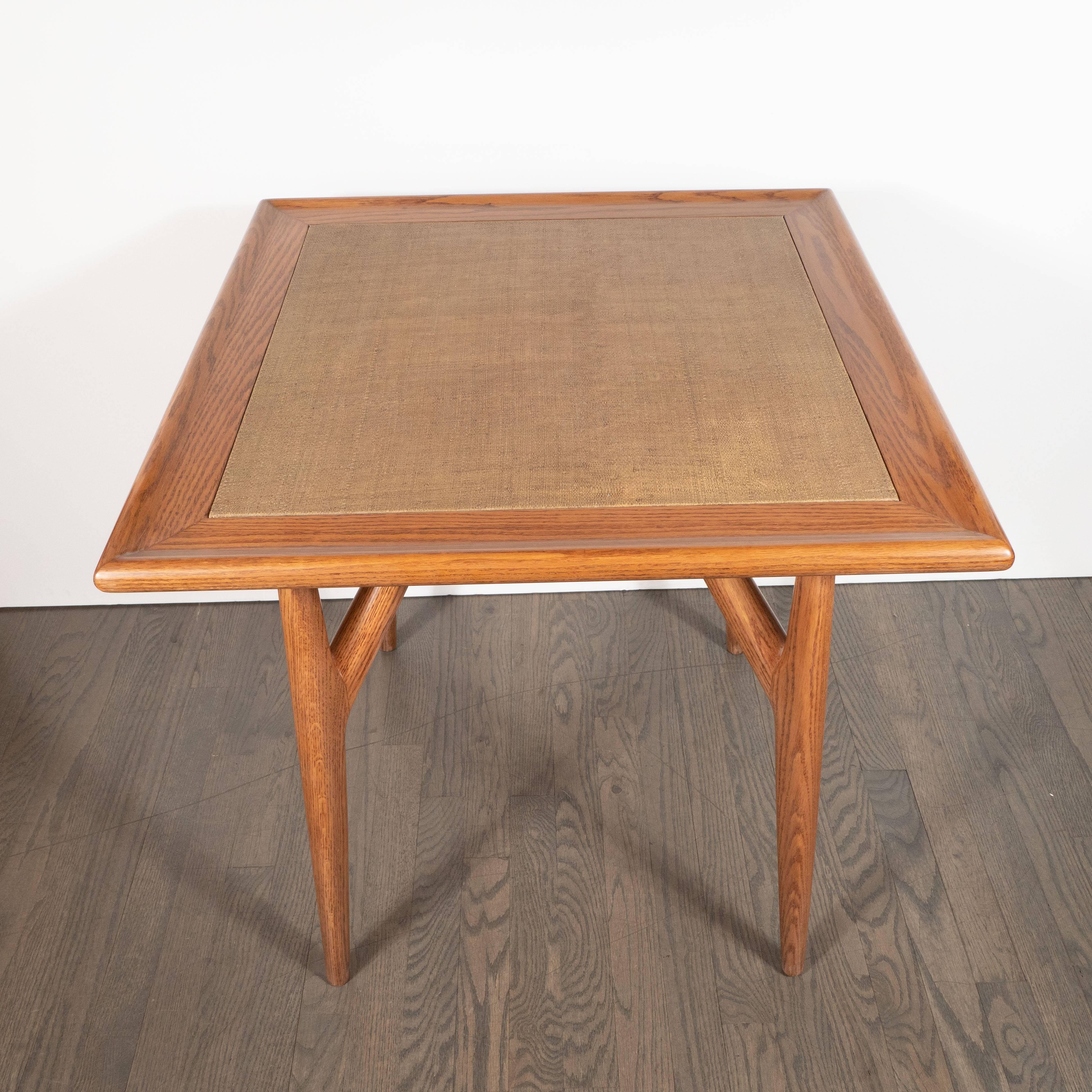 American Mid-Century Modern Sculptural White Oak Table with Wrapped Linen Top For Sale