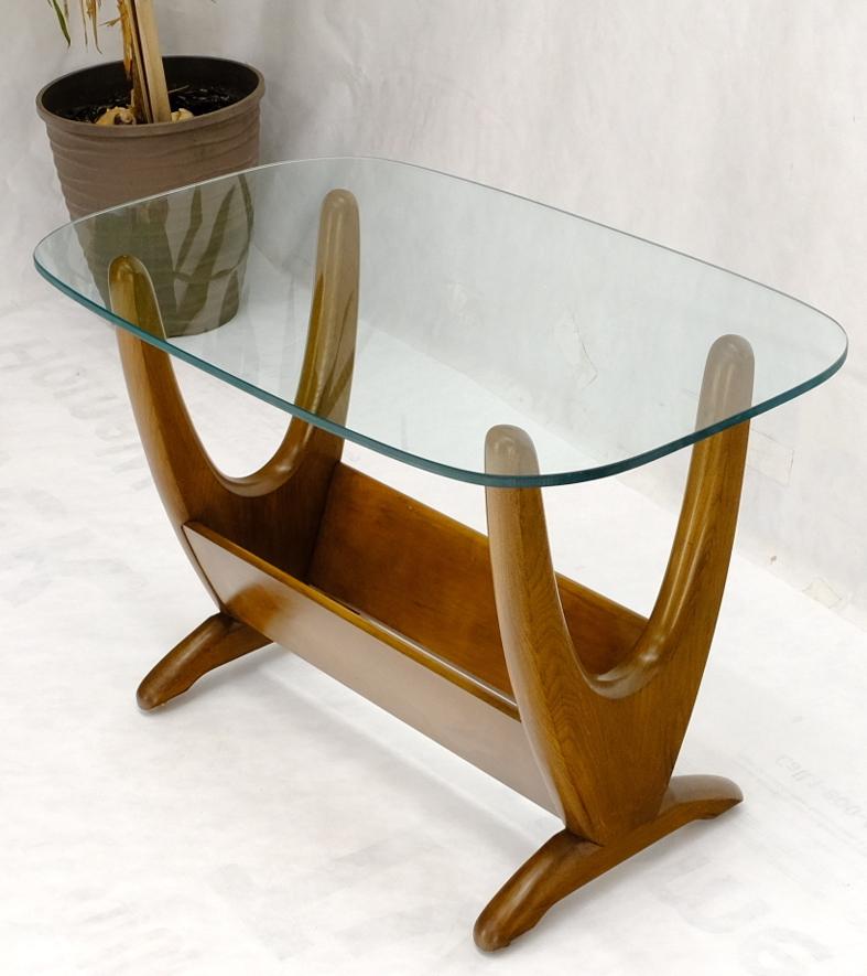 American Mid-Century Modern Sculptural Wood & Glass Top End Side Table Stand For Sale