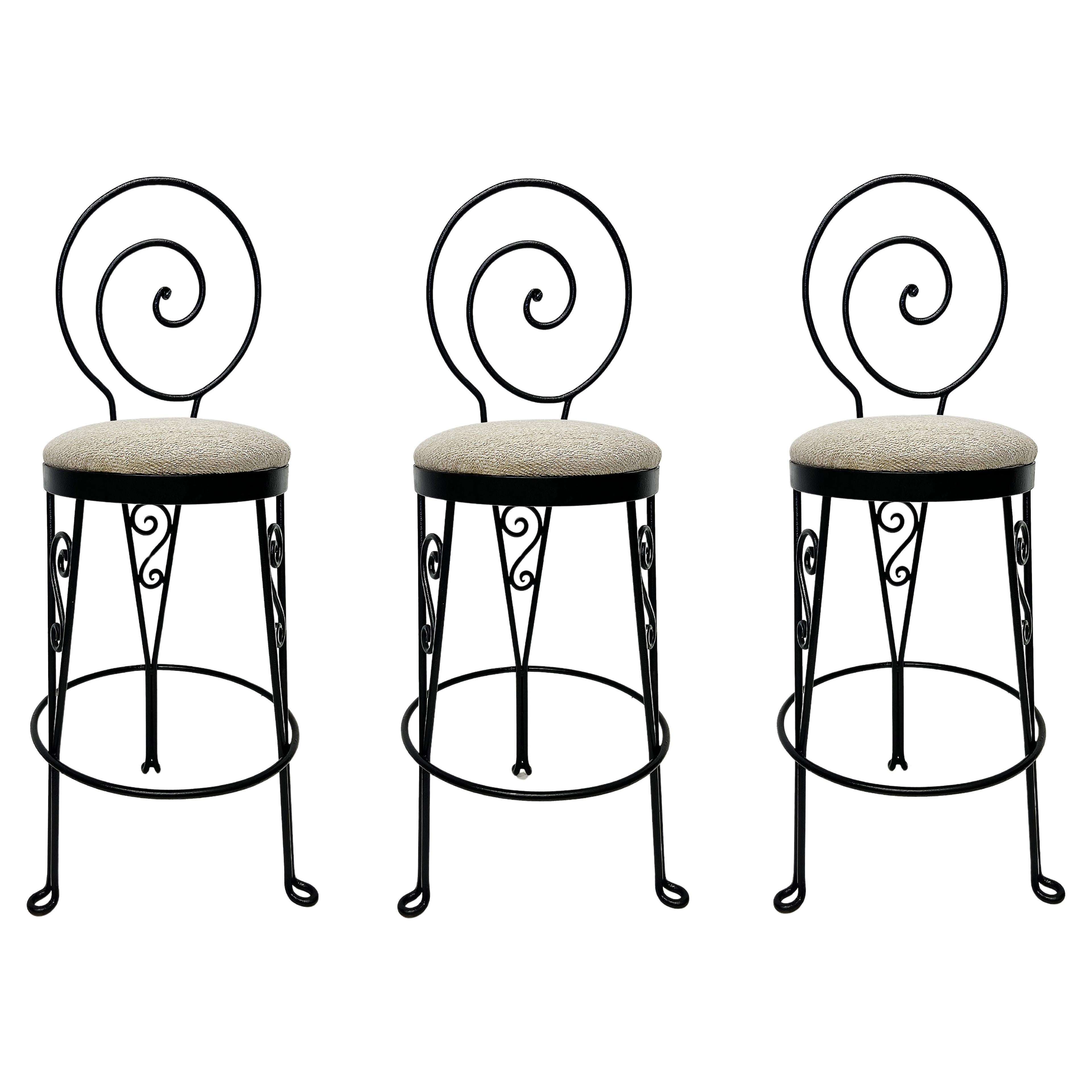 Mid-Century Modern Sculptural Wrought Iron Bar Stools, Set of 3