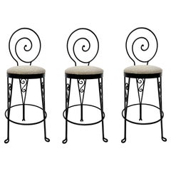 Mid-Century Modern Sculptural Wrought Iron Bar Stools, Set of 3