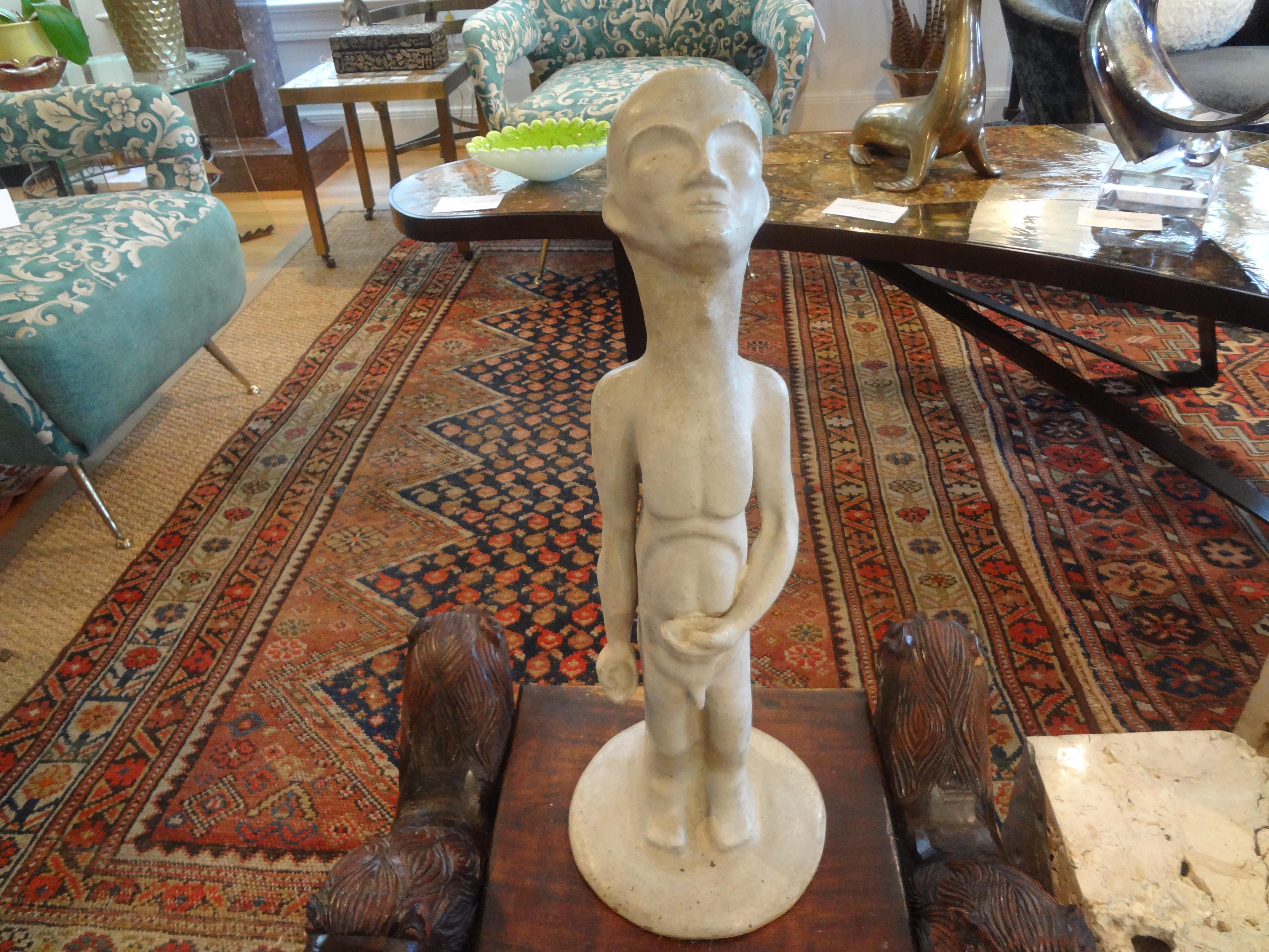 Mid-Century Modern sculpture in the manner of Amedeo Modigliani.
Fantastic Mid-Century Modern sculpture signed M.B. Mitchell. This interesting figurative sculpture of a nude male with an elongated neck is in the manner of Amedeo Modigliani.