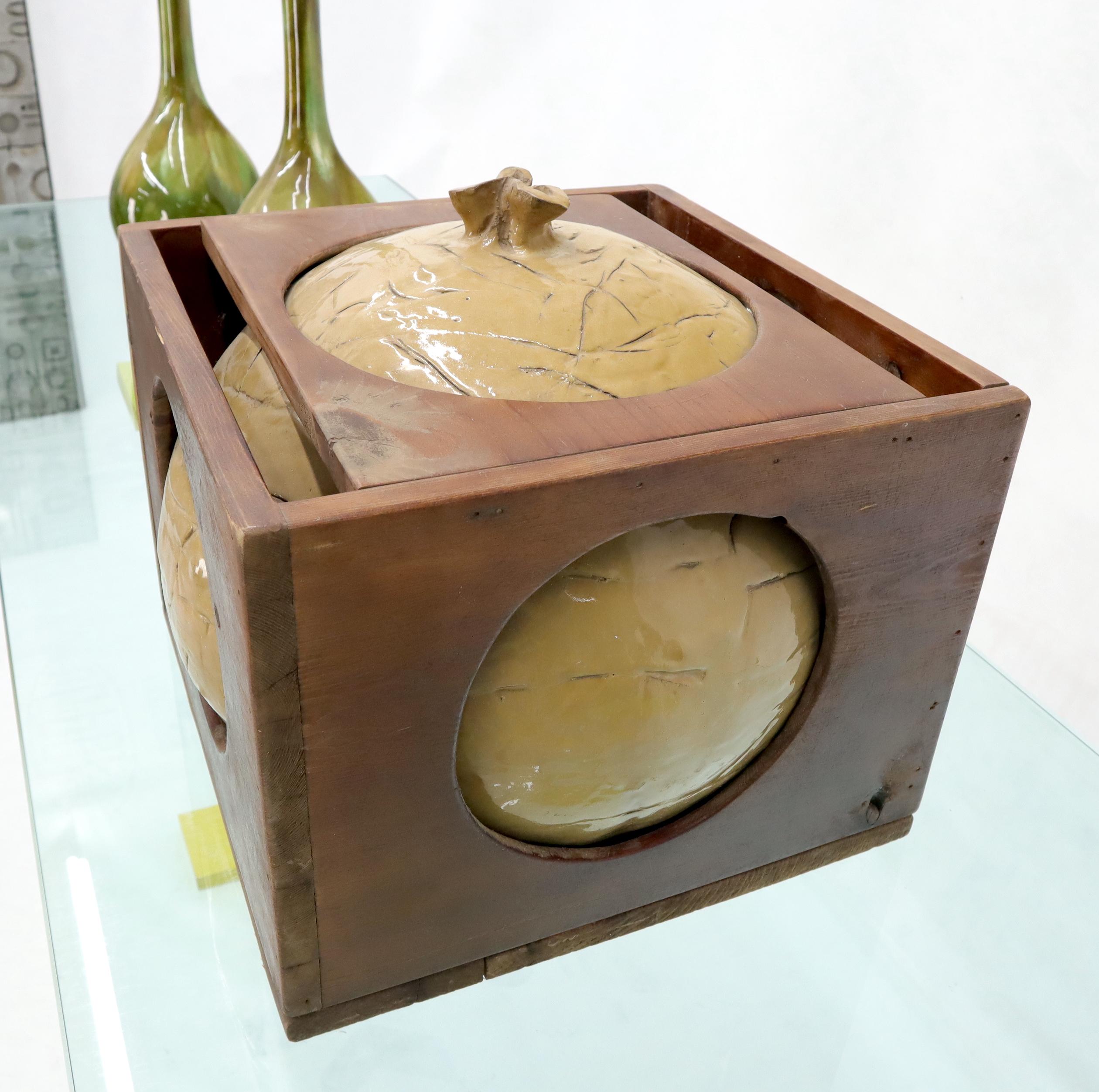 Mid-Century Modern Sculpture of a Ceramic Sphere Ball Incased into Wooden Crate For Sale 3