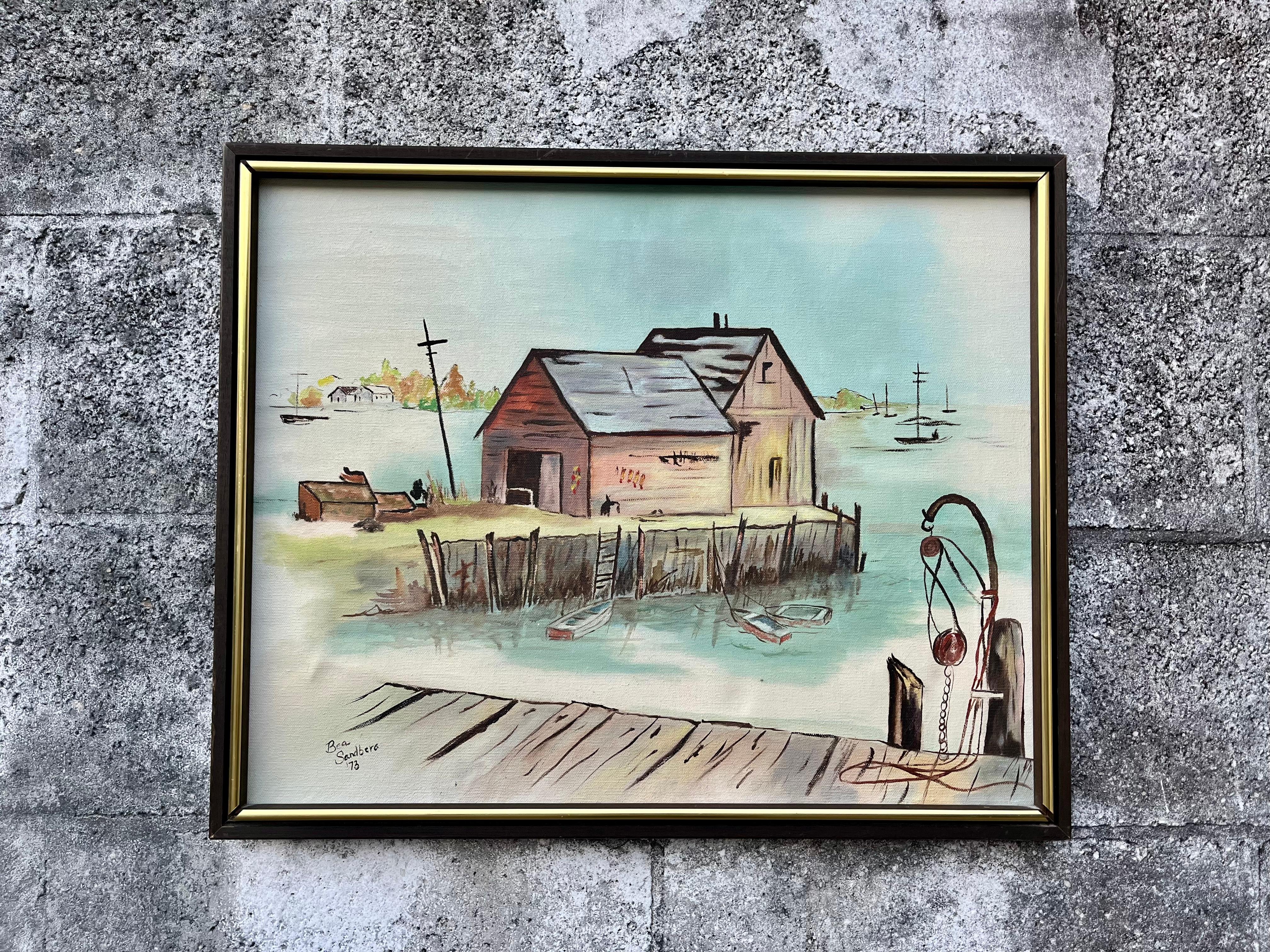 Vintage Mid-Century Modern Seascape Ölgemälde gerahmt und signiert vom Künstler. 
Signiert Bea Sandberg und datiert 1973
Die Meereslandschaft ist in sanften Grautönen, hellen Blautönen und hellen Braun- und Brauntönen gehalten.
Eingerahmt in