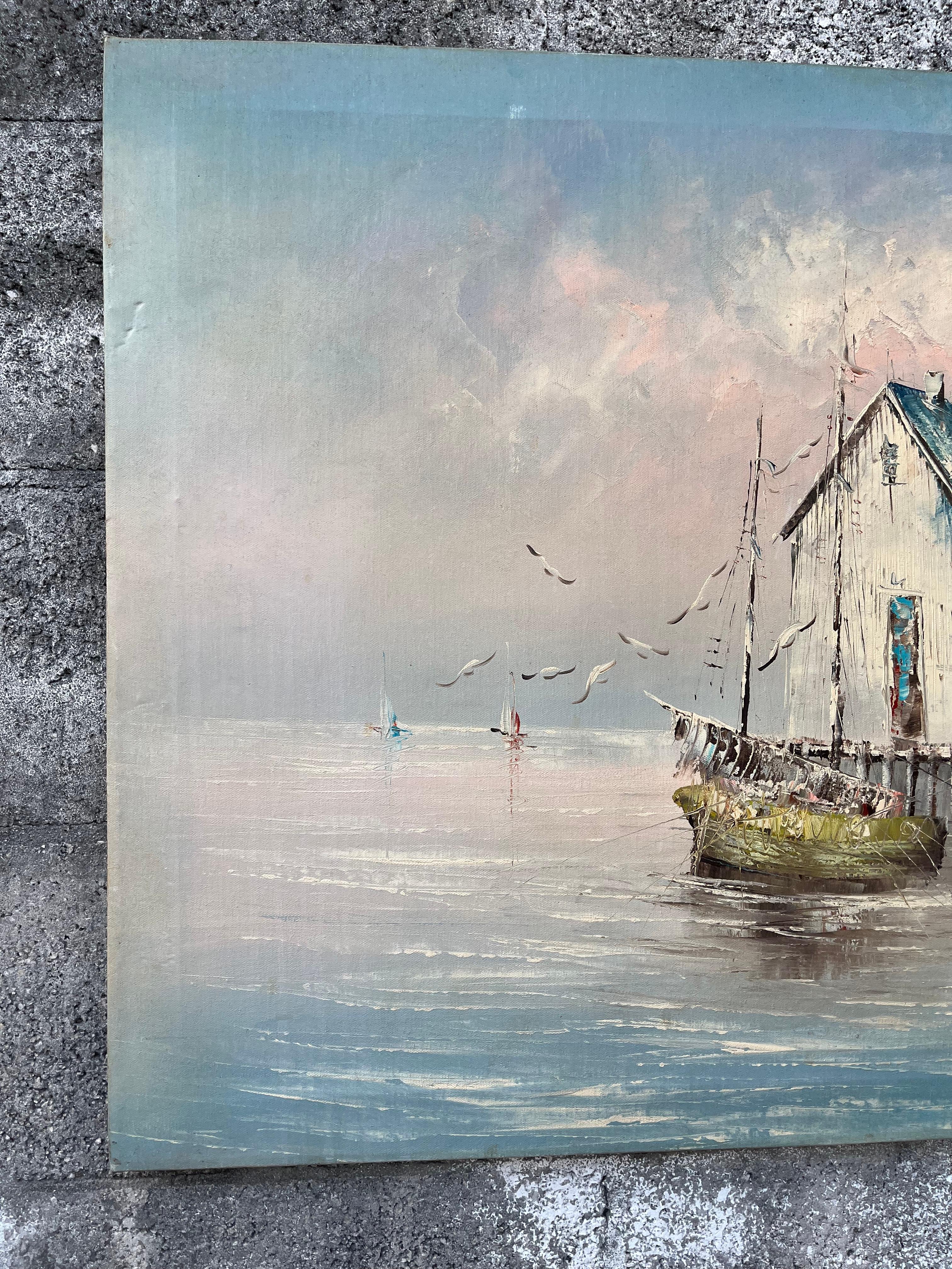 Mid Century Modern Seascape Oil Painting Signed by the Artist. C 1950s For Sale 4