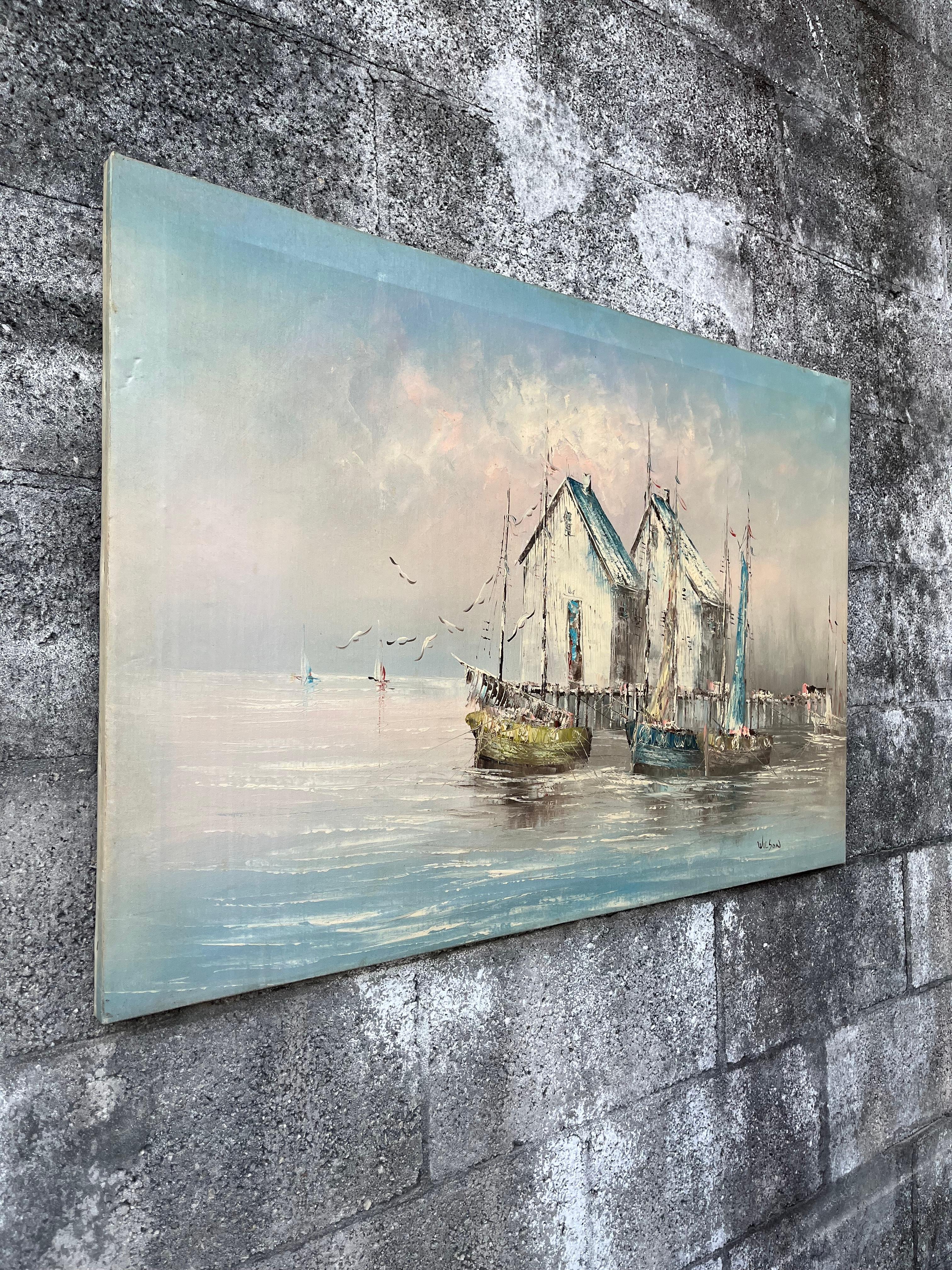 American Mid Century Modern Seascape Oil Painting Signed by the Artist. C 1950s For Sale