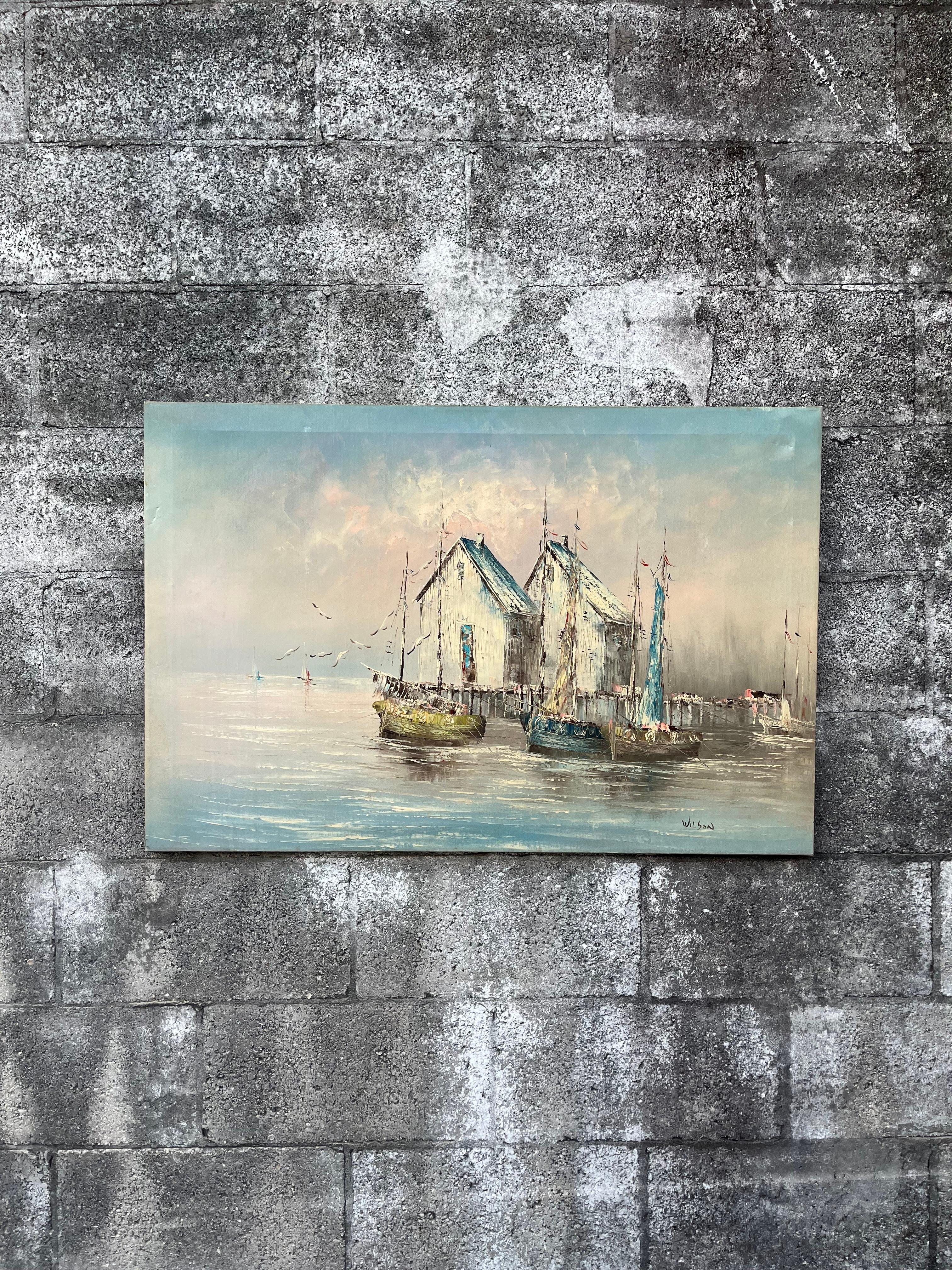 Mid Century Modern Seascape Oil Painting Signed by the Artist. C 1950s In Good Condition For Sale In Miami, FL