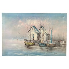 Pittura ad olio con paesaggio marino della metà del secolo scorso firmata dall'artista. C 1950