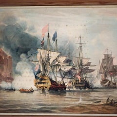 Mid Century Modern Seascape Print with Tall Mast Ships after Chambers C1950’s